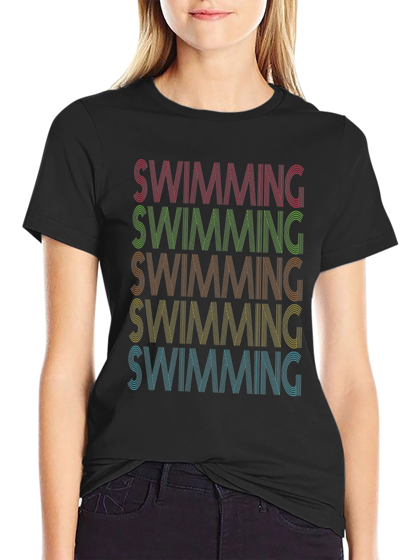 Swimming Retro Style T-Shirt - Black