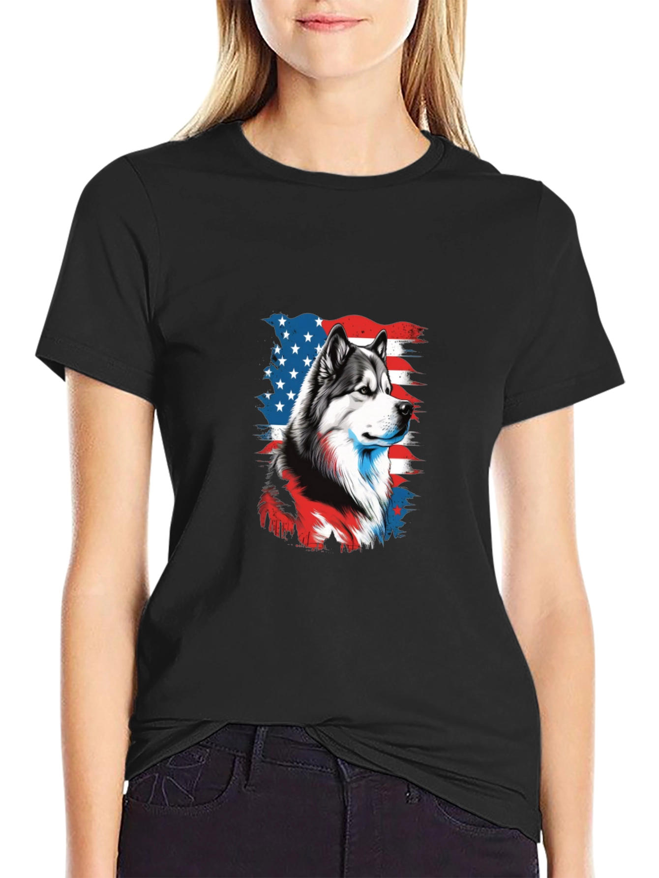 Patriotic Husky Graphic Tee - Mens Black T-Shirt