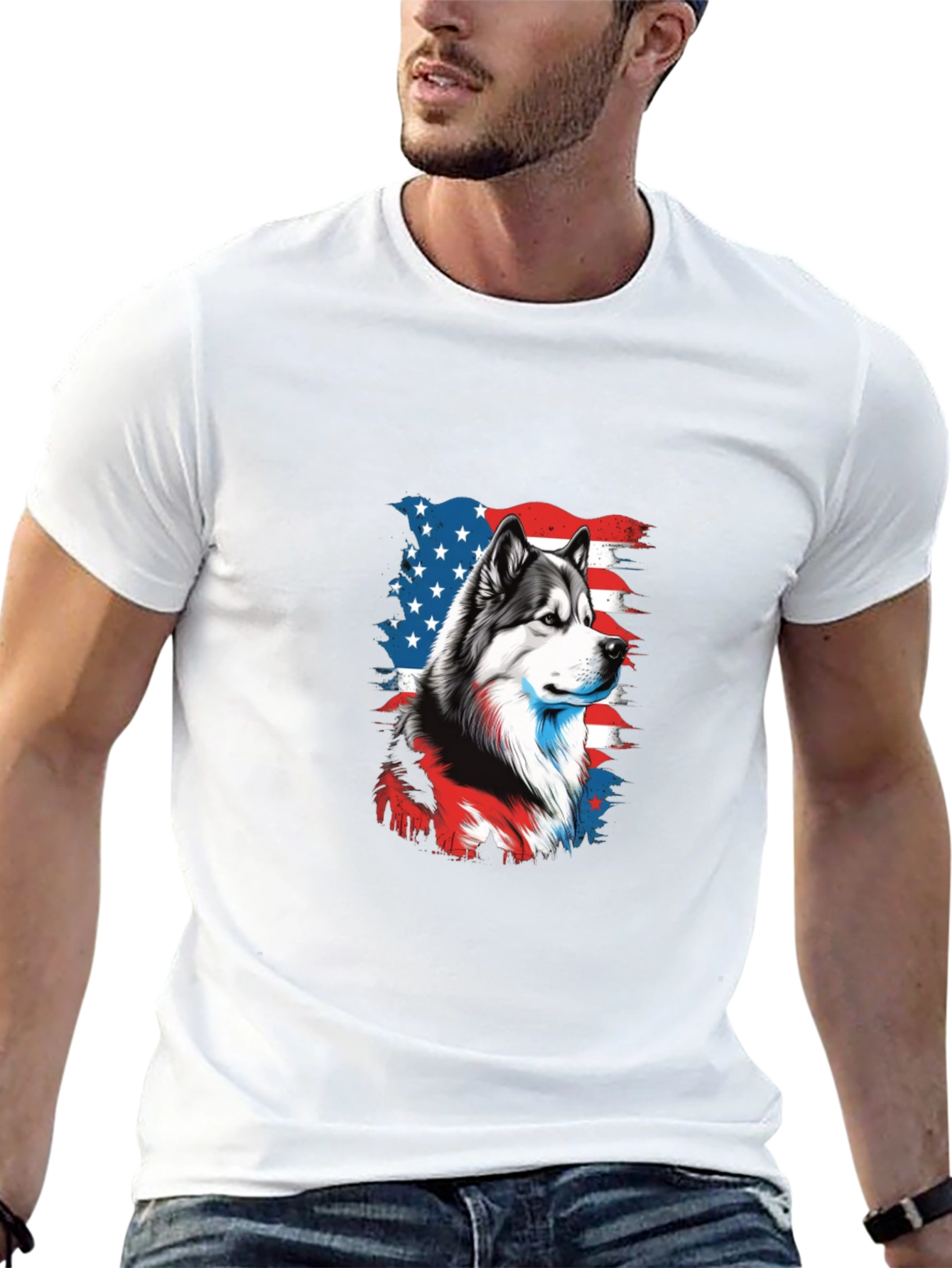 Patriotic Husky Graphic Tee - Mens Black T-Shirt