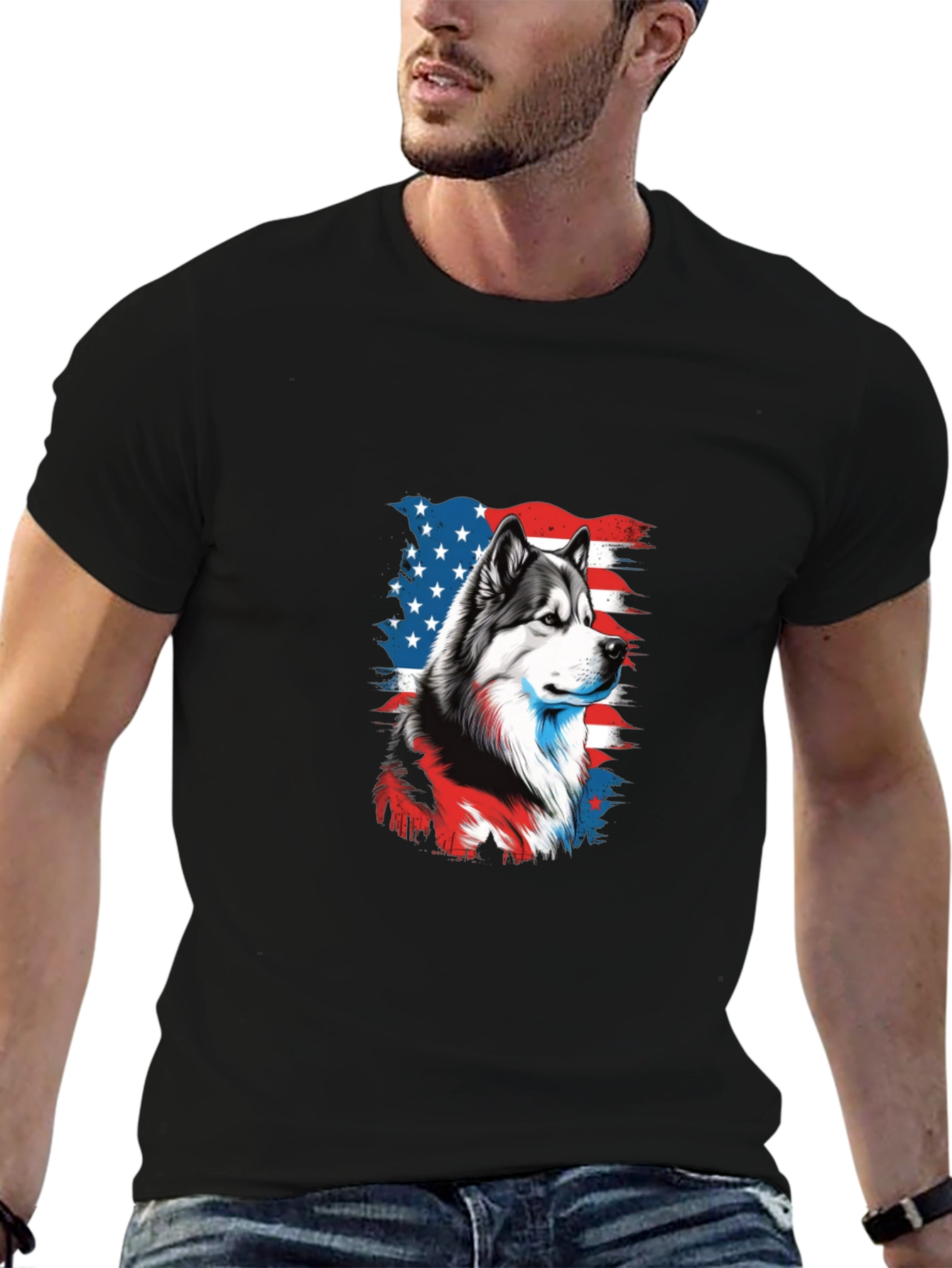 Patriotic Husky Graphic Tee - Mens Black T-Shirt
