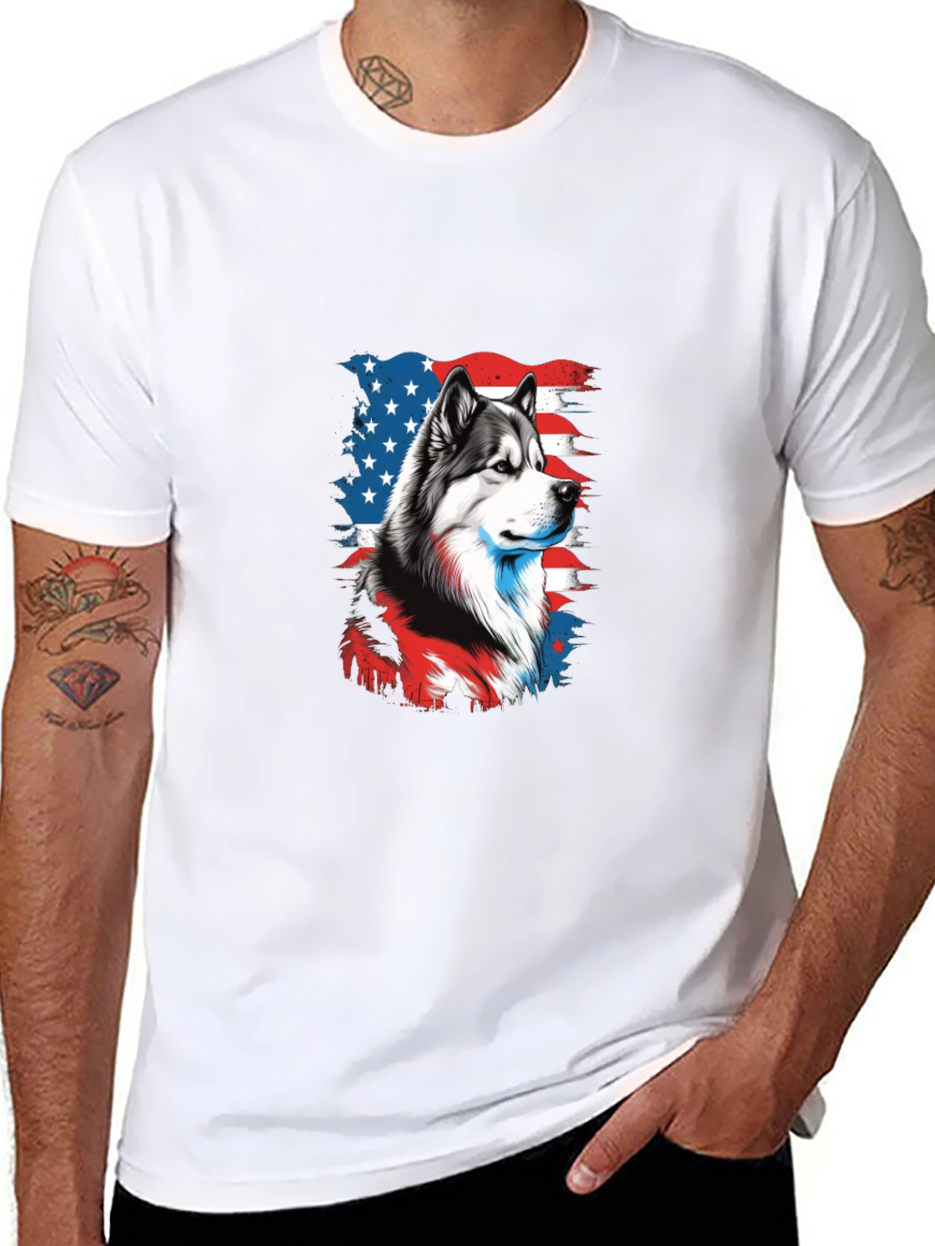 Patriotic Husky Graphic Tee - Mens Black T-Shirt