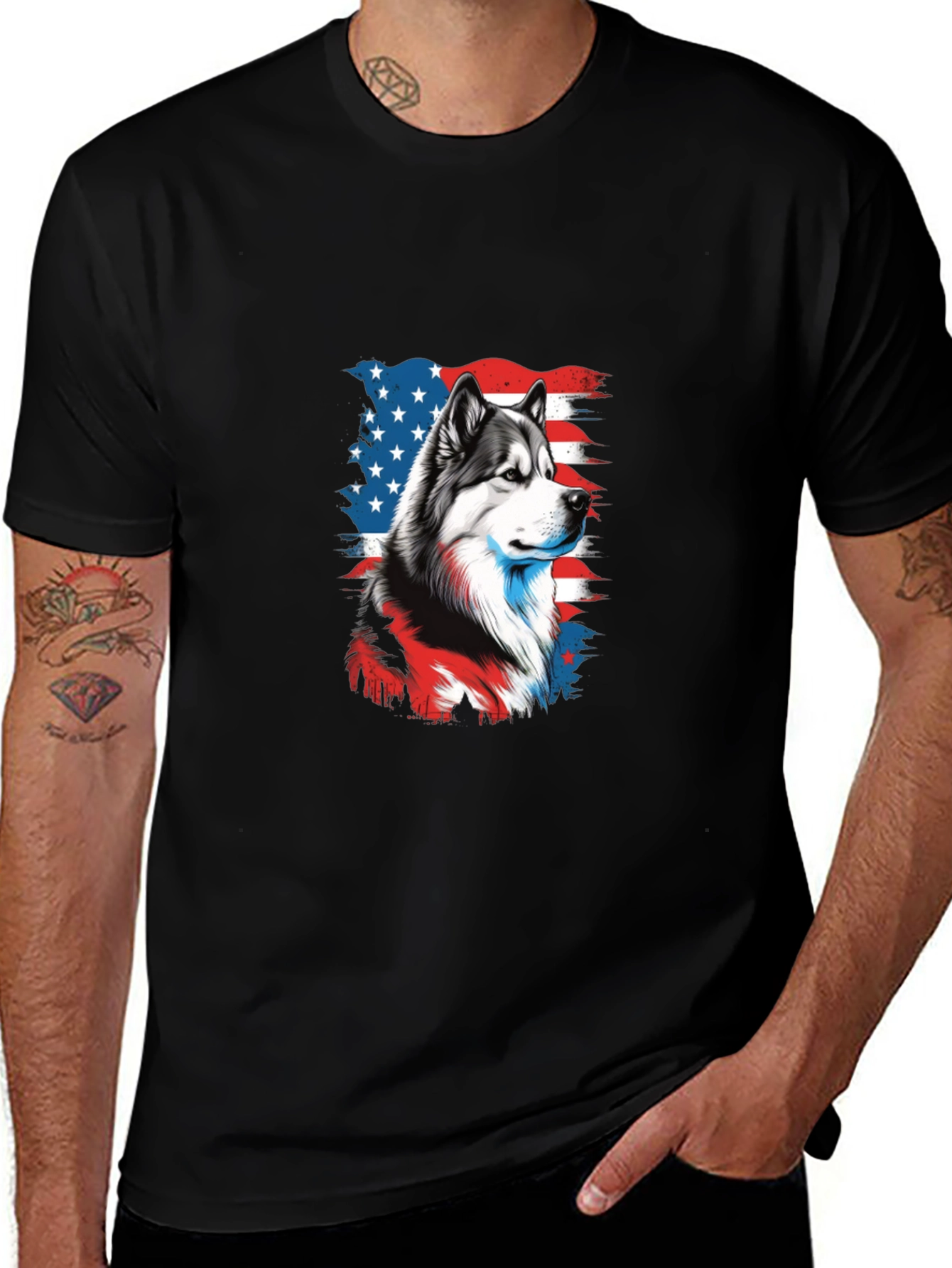 Patriotic Husky Graphic Tee - Mens Black T-Shirt