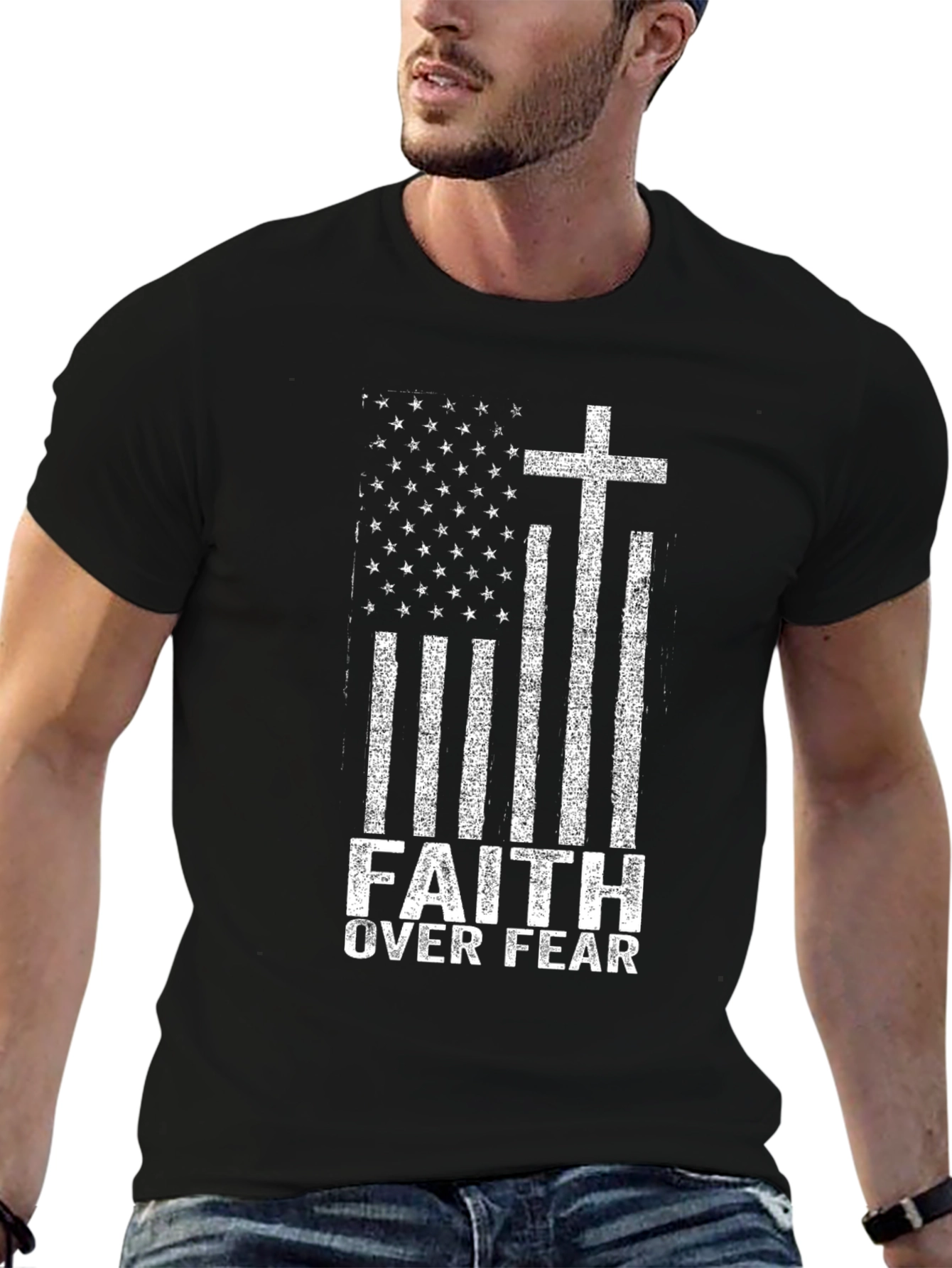 Faith Over Fear American Flag Cross Graphic T-Shirt