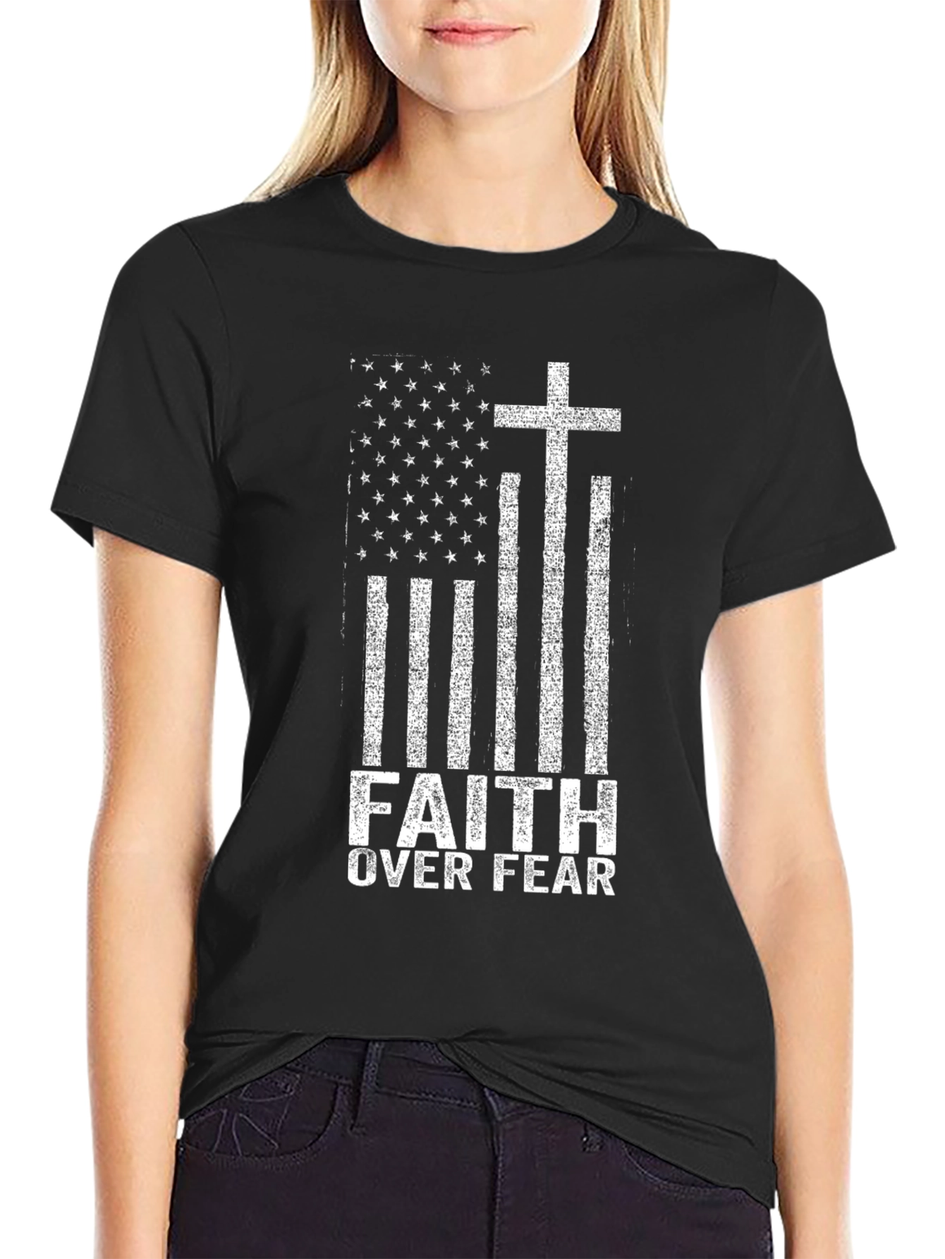 Faith Over Fear American Flag Cross Graphic T-Shirt