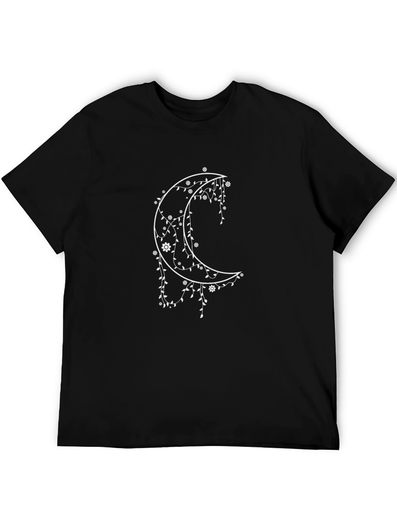 Floral Moon Graphic Tee - Black Cotton T-Shirt