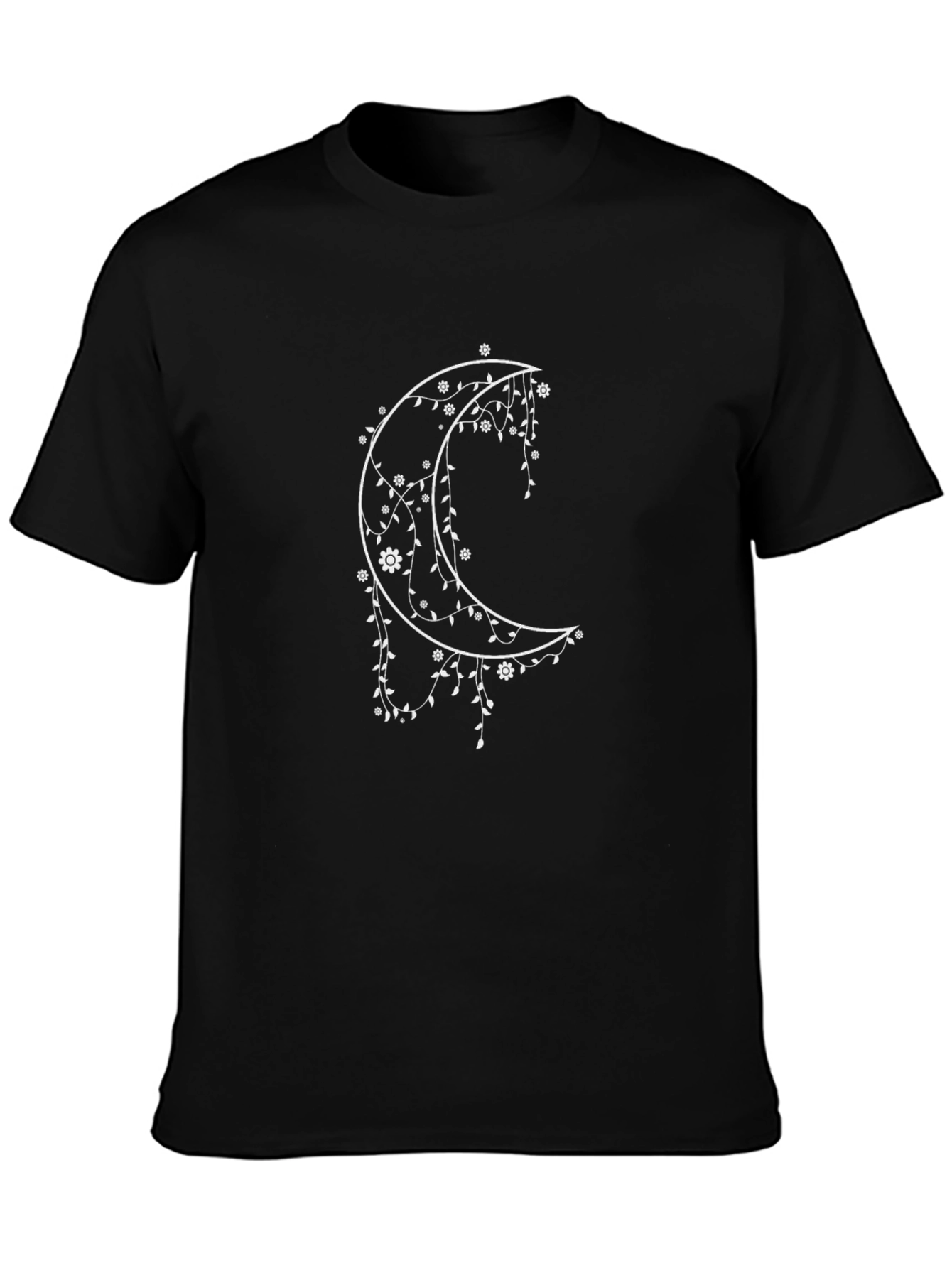 Floral Moon Graphic Tee - Black Cotton T-Shirt