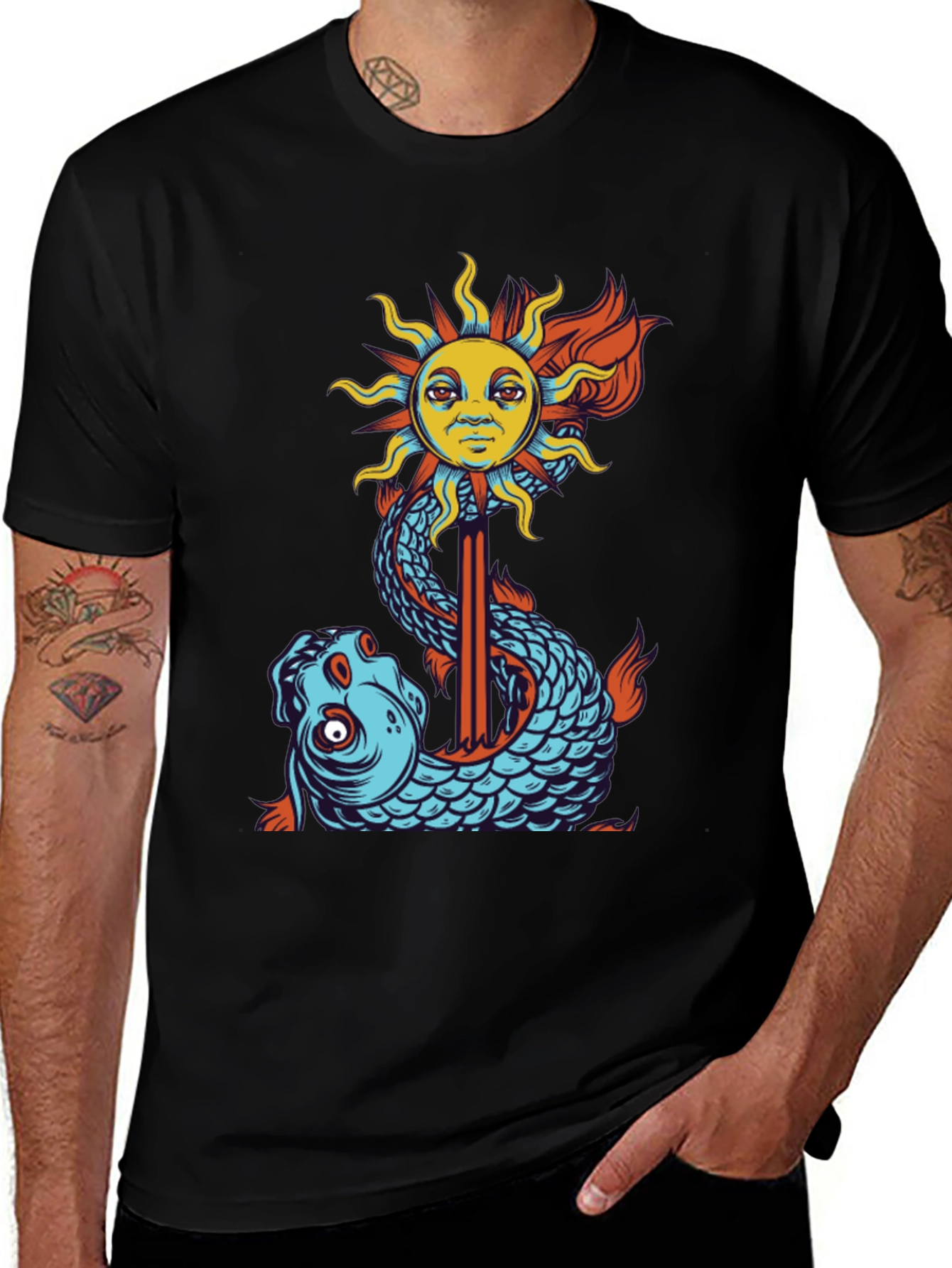 Sun & Fish Graphic Tee - Unique Art Shirt