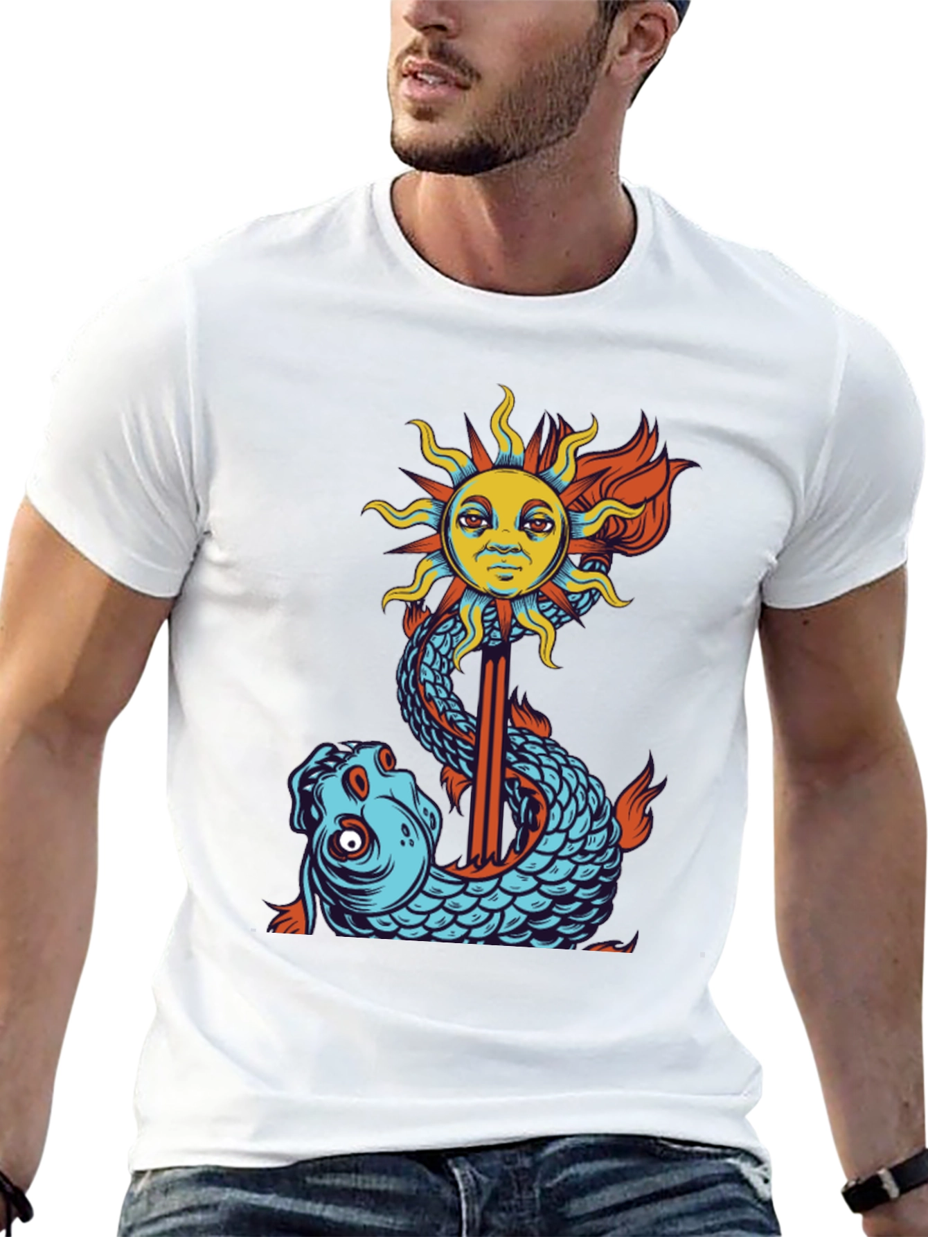 Sun & Fish Graphic Tee - Unique Art Shirt