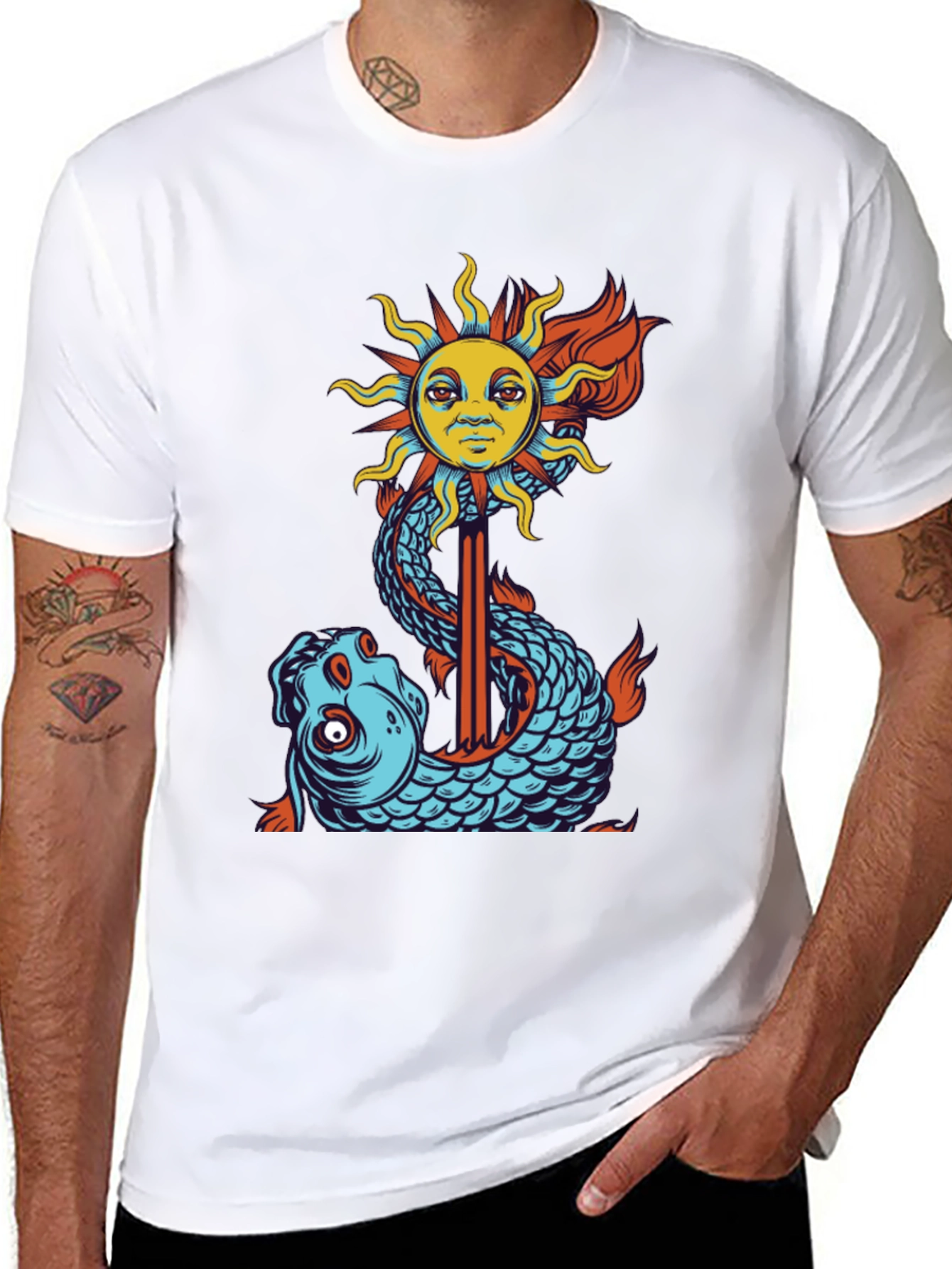 Sun & Fish Graphic Tee - Unique Art Shirt