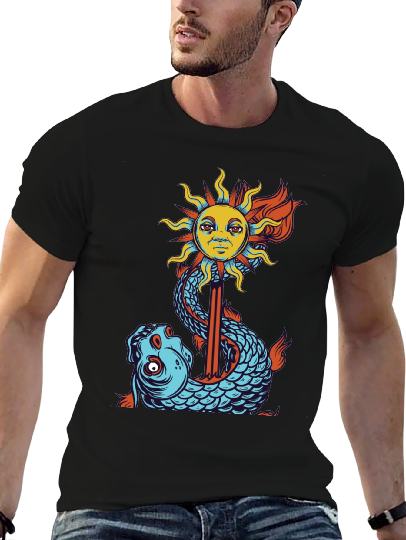 Sun & Fish Graphic Tee - Unique Art Shirt