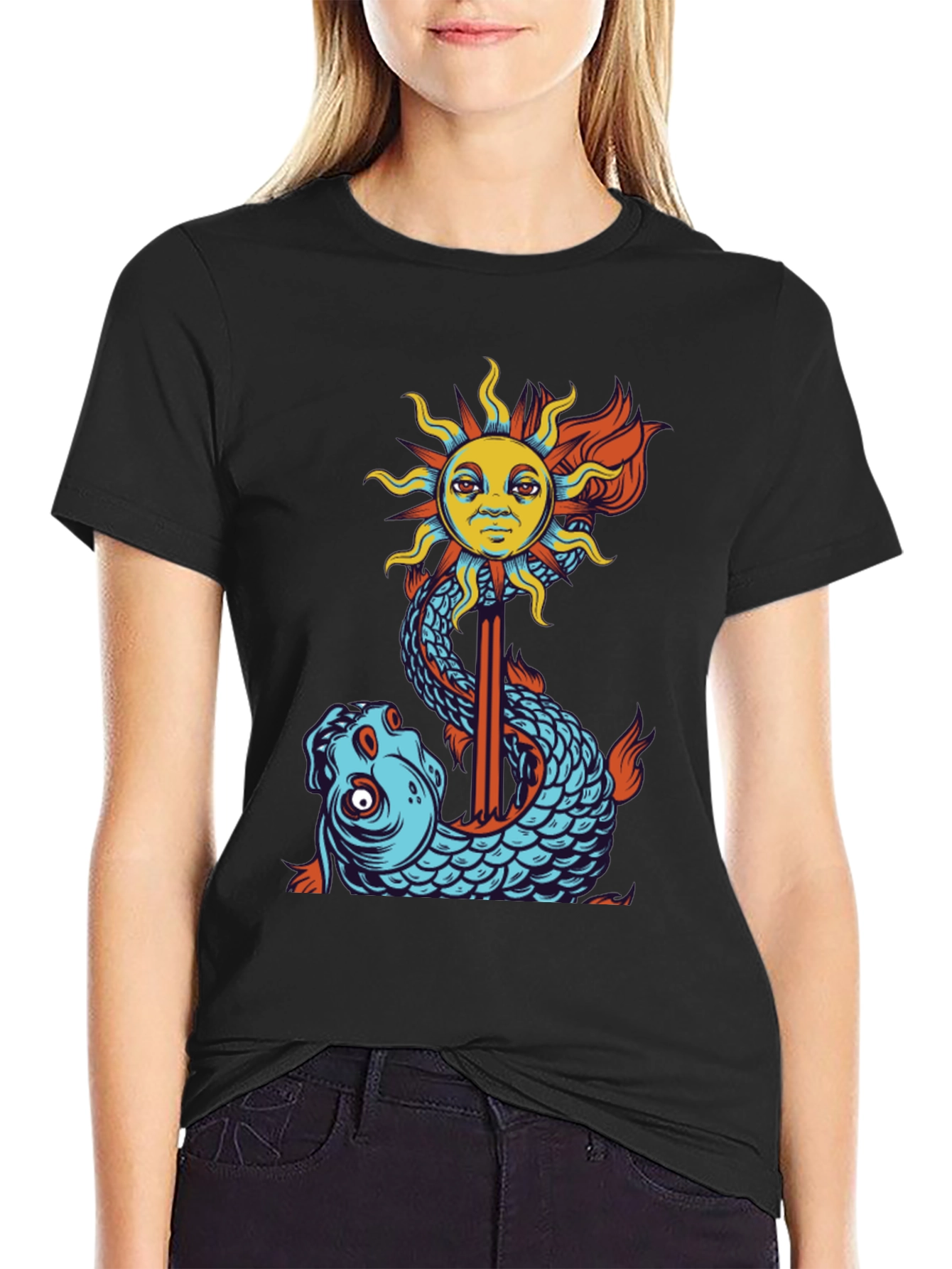 Sun & Fish Graphic Tee - Unique Art Shirt