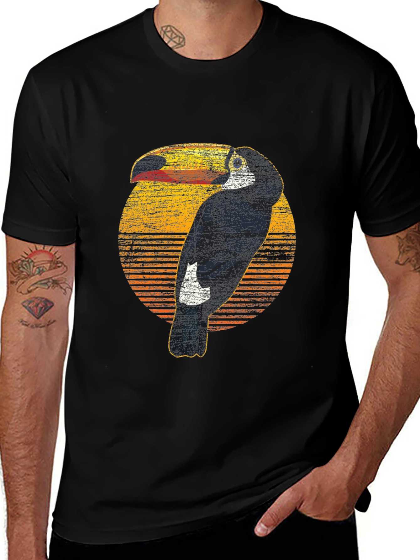 Retro Toucan Graphic Print Mens Black T-Shirt