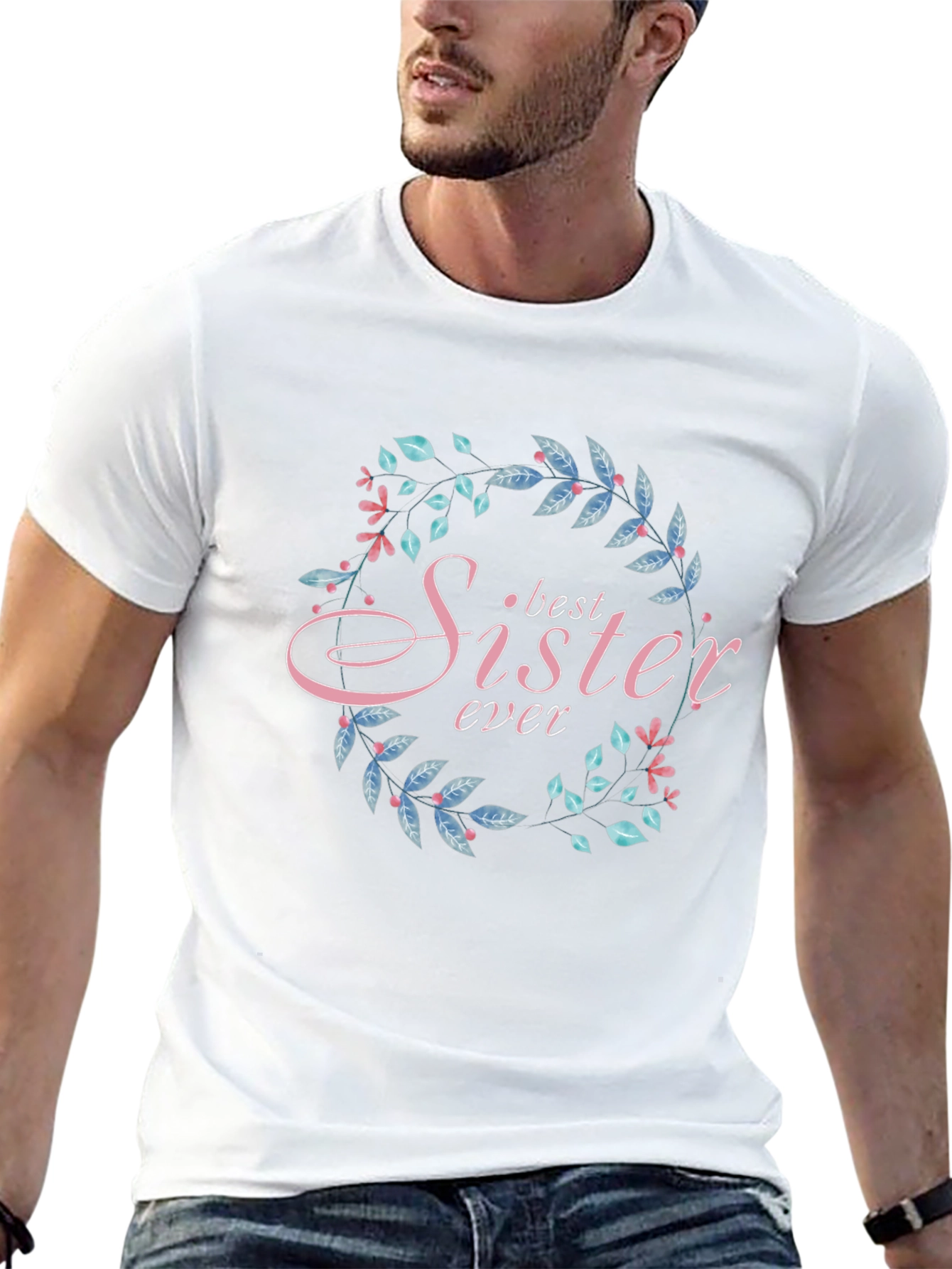 Best Sister Ever Floral Wreath Black T-Shirt