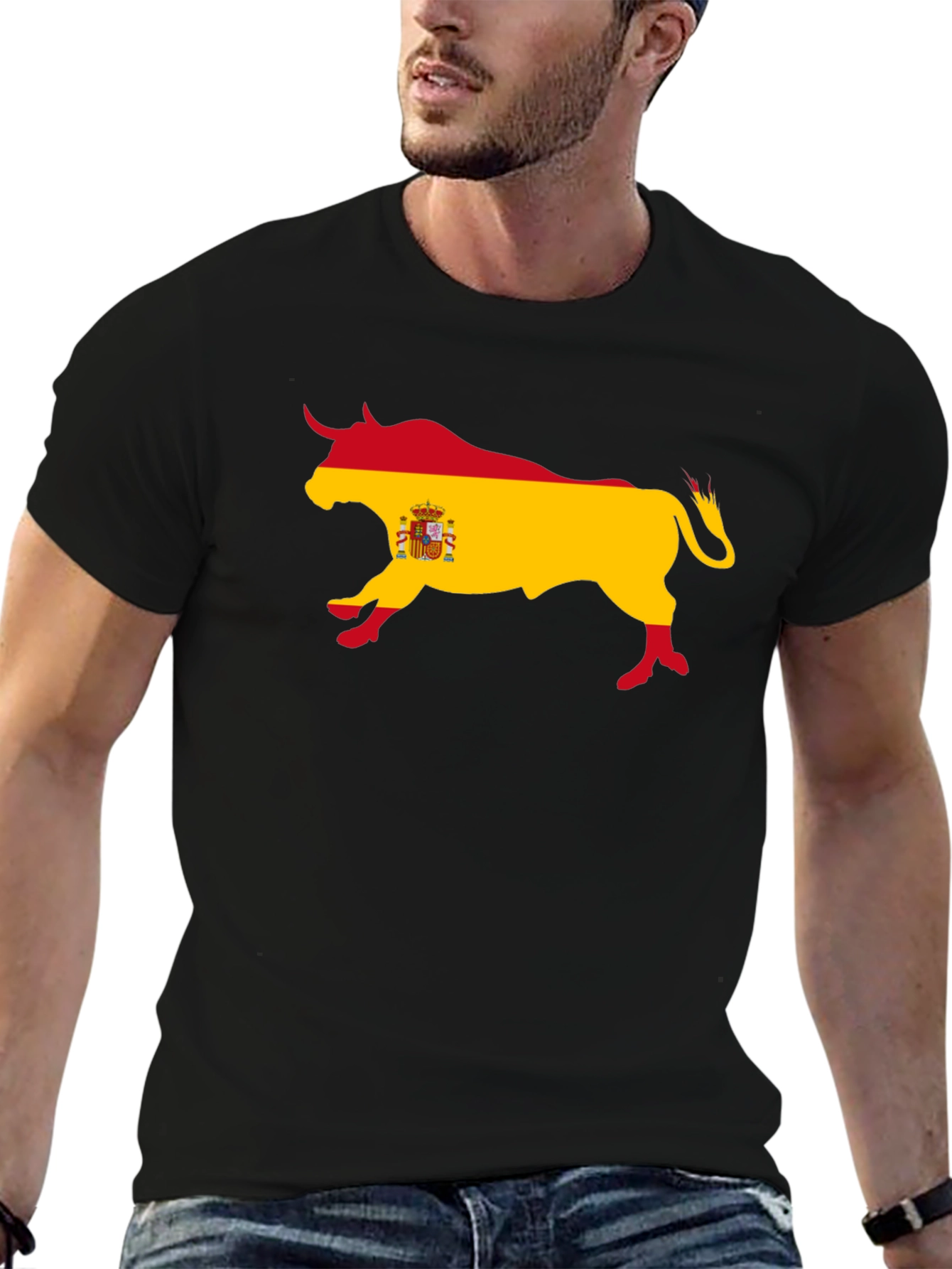 Spanish Bull Flag Graphic Tee - Black Cotton T-Shirt