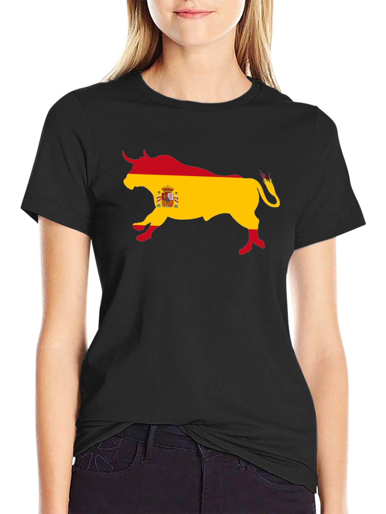Spanish Bull Flag Graphic Tee - Black Cotton T-Shirt