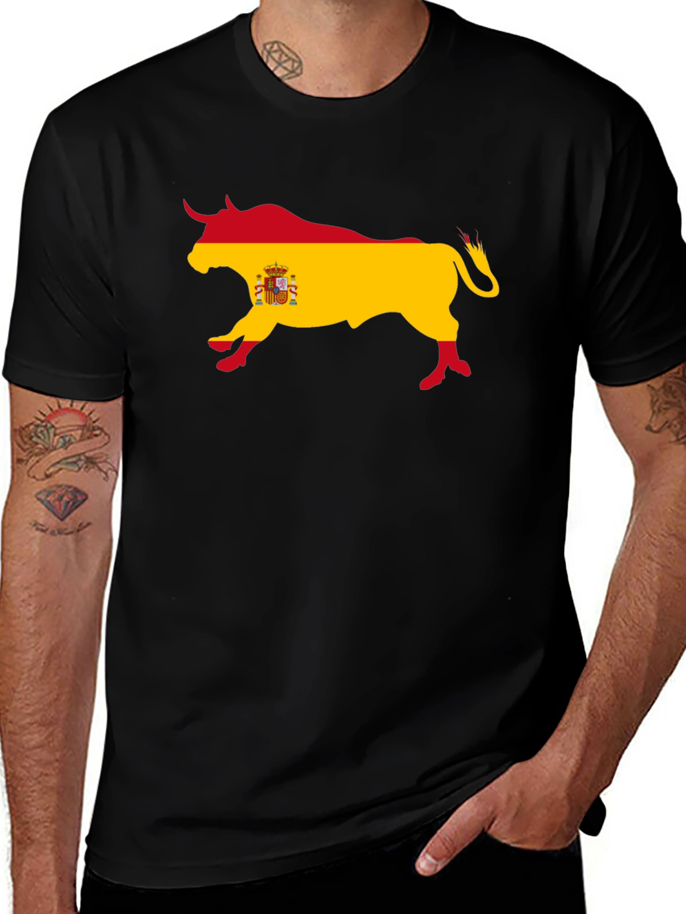 Spanish Bull Flag Graphic Tee - Black Cotton T-Shirt
