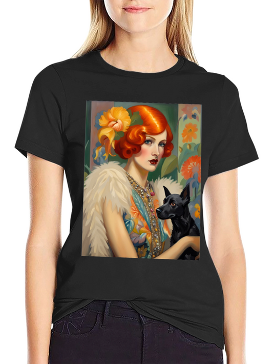 Art Deco Lady & Dog Graphic Tee - Stylish Black T-Shirt