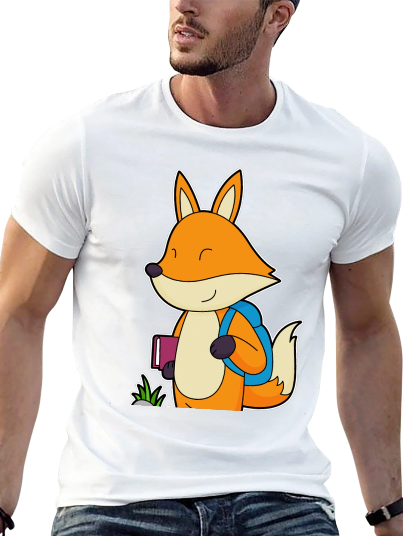 Fox with Backpack Black T-Shirt