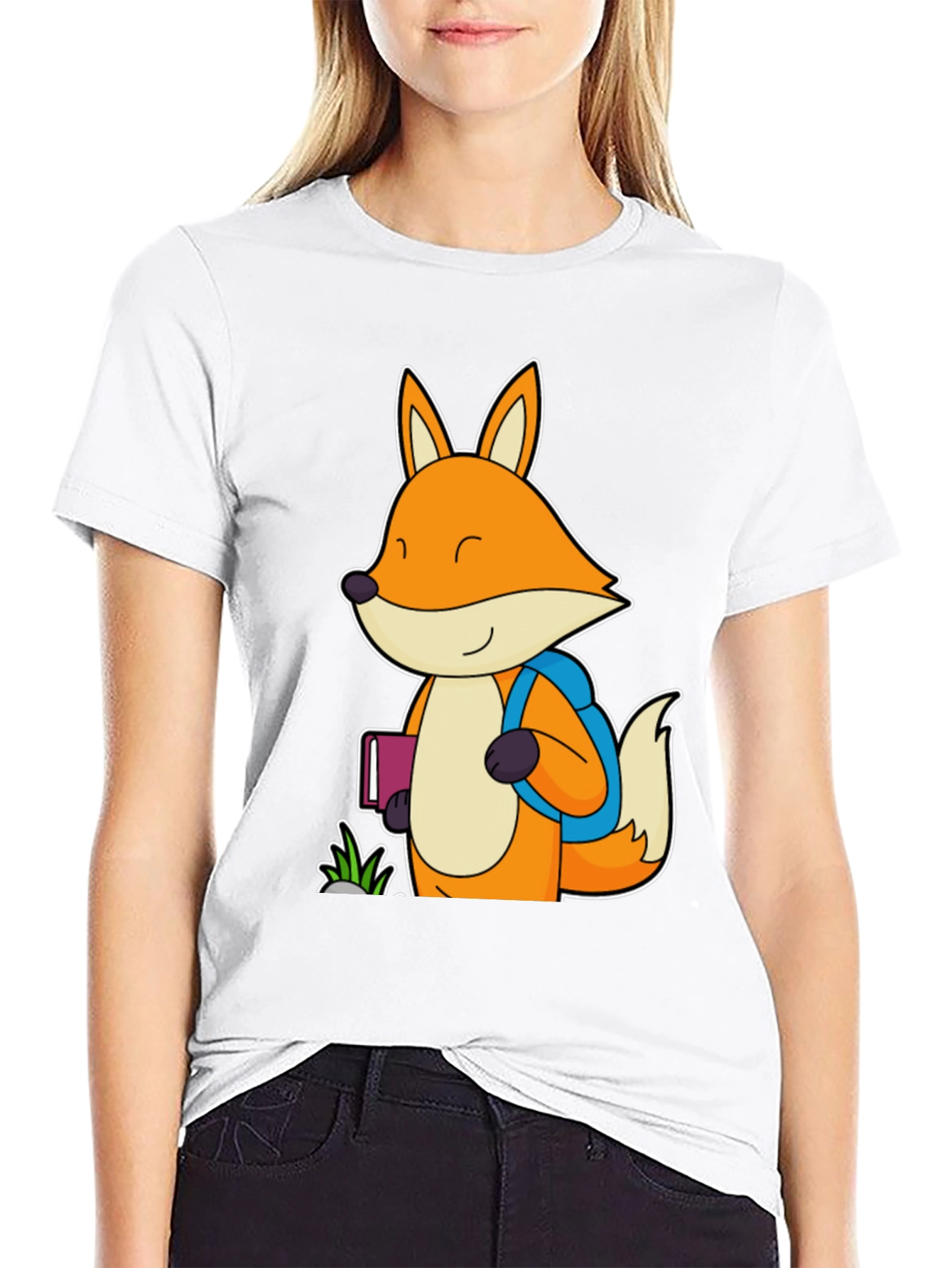 Fox with Backpack Black T-Shirt