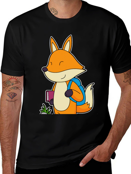 Fox with Backpack Black T-Shirt