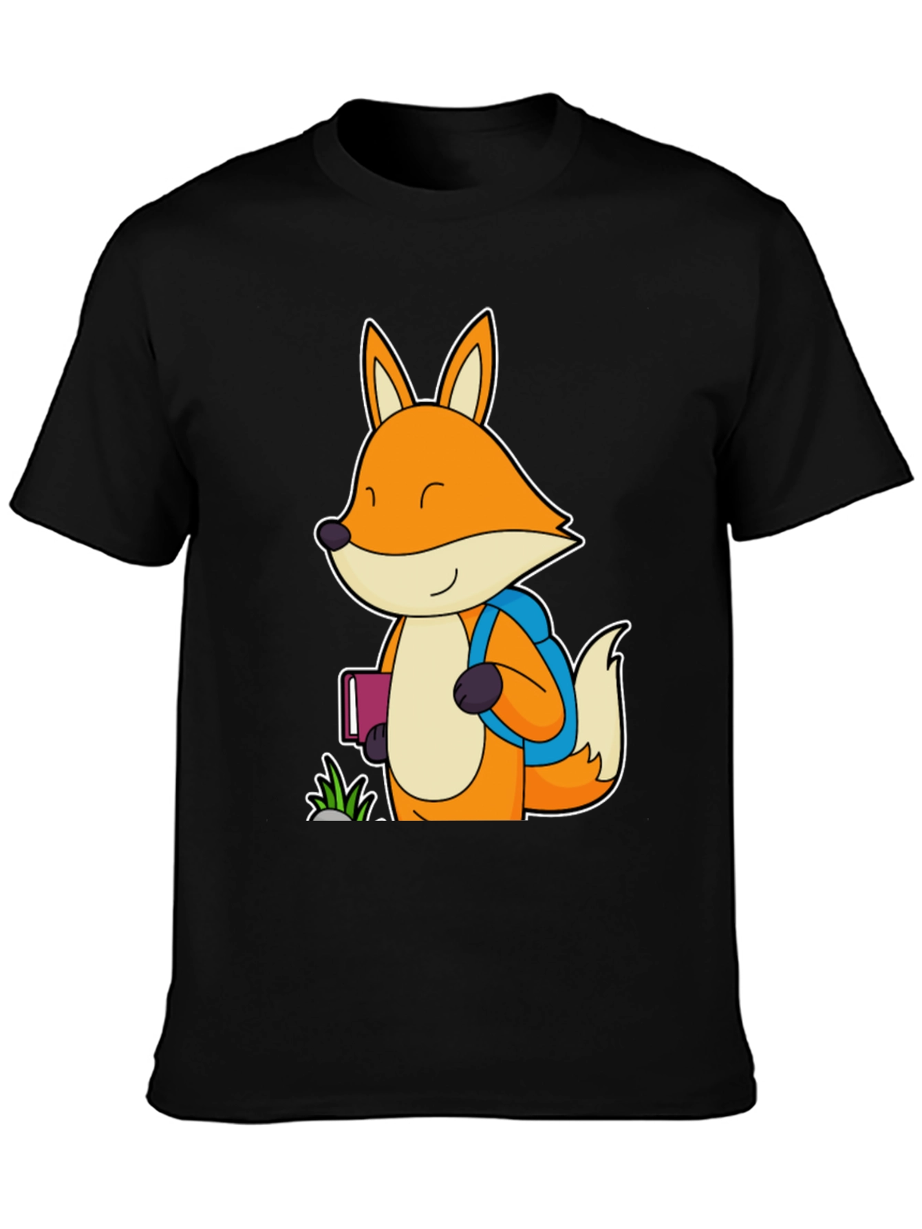Fox with Backpack Black T-Shirt