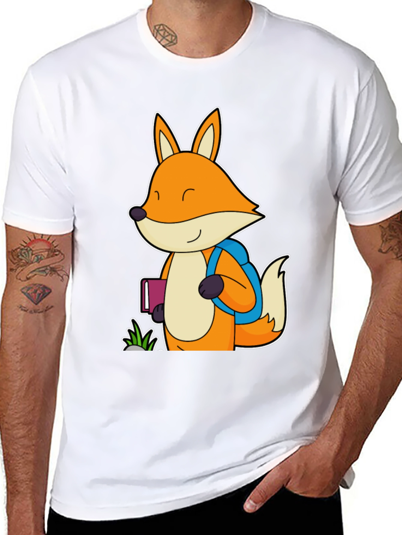Fox with Backpack Black T-Shirt