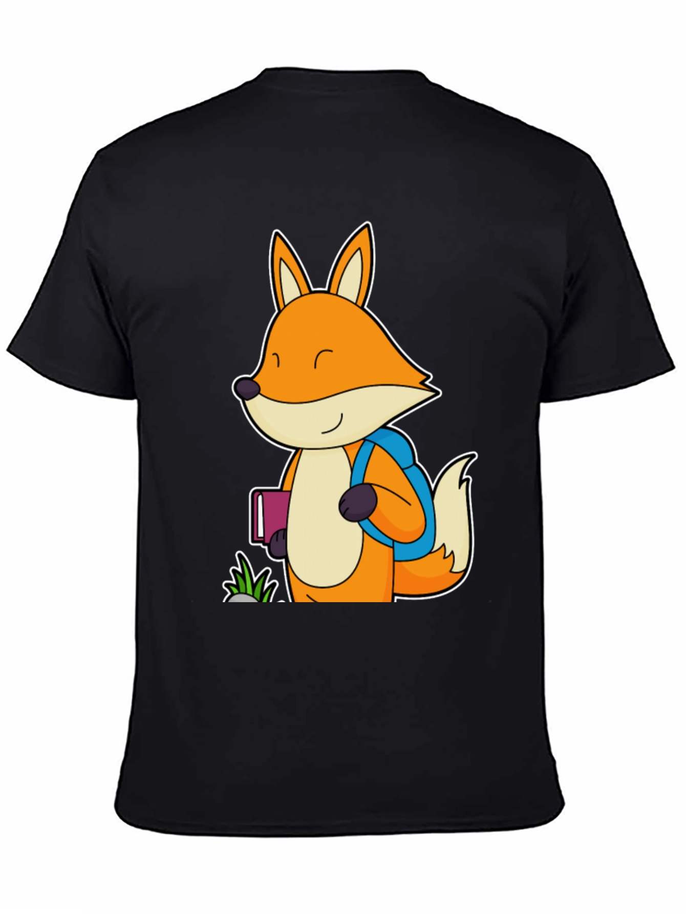 Fox with Backpack Black T-Shirt