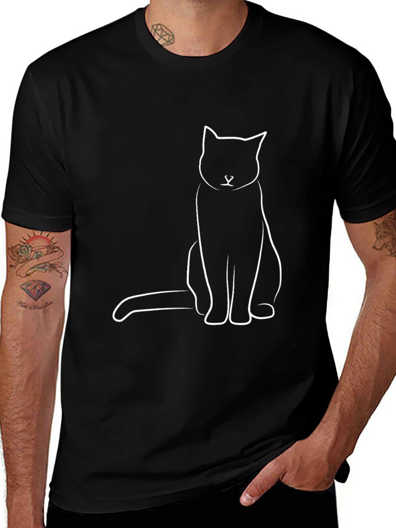 Minimalist Cat Graphic T-Shirt - Black