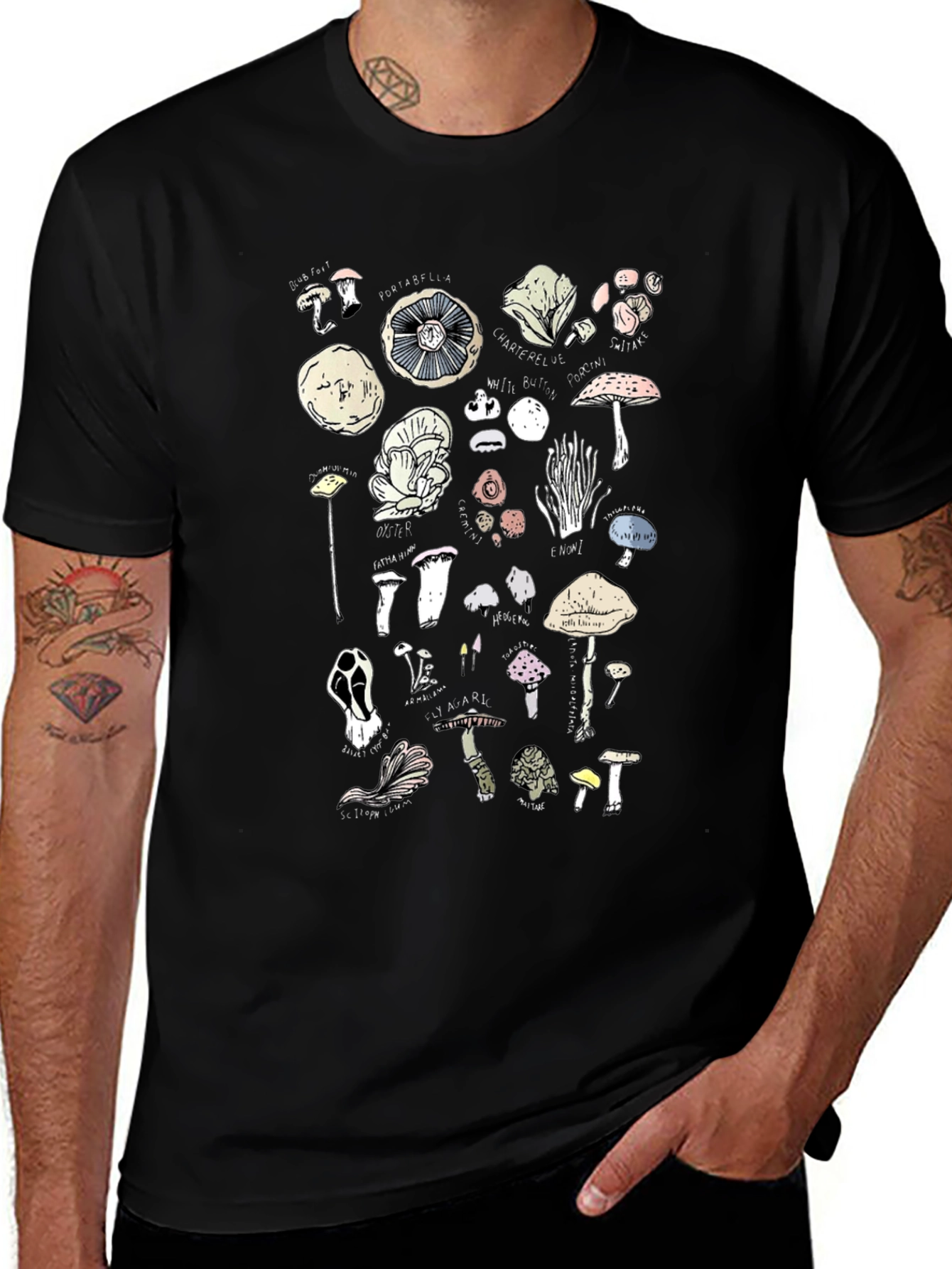 Mushroom Variety Graphic Print Black T-Shirt