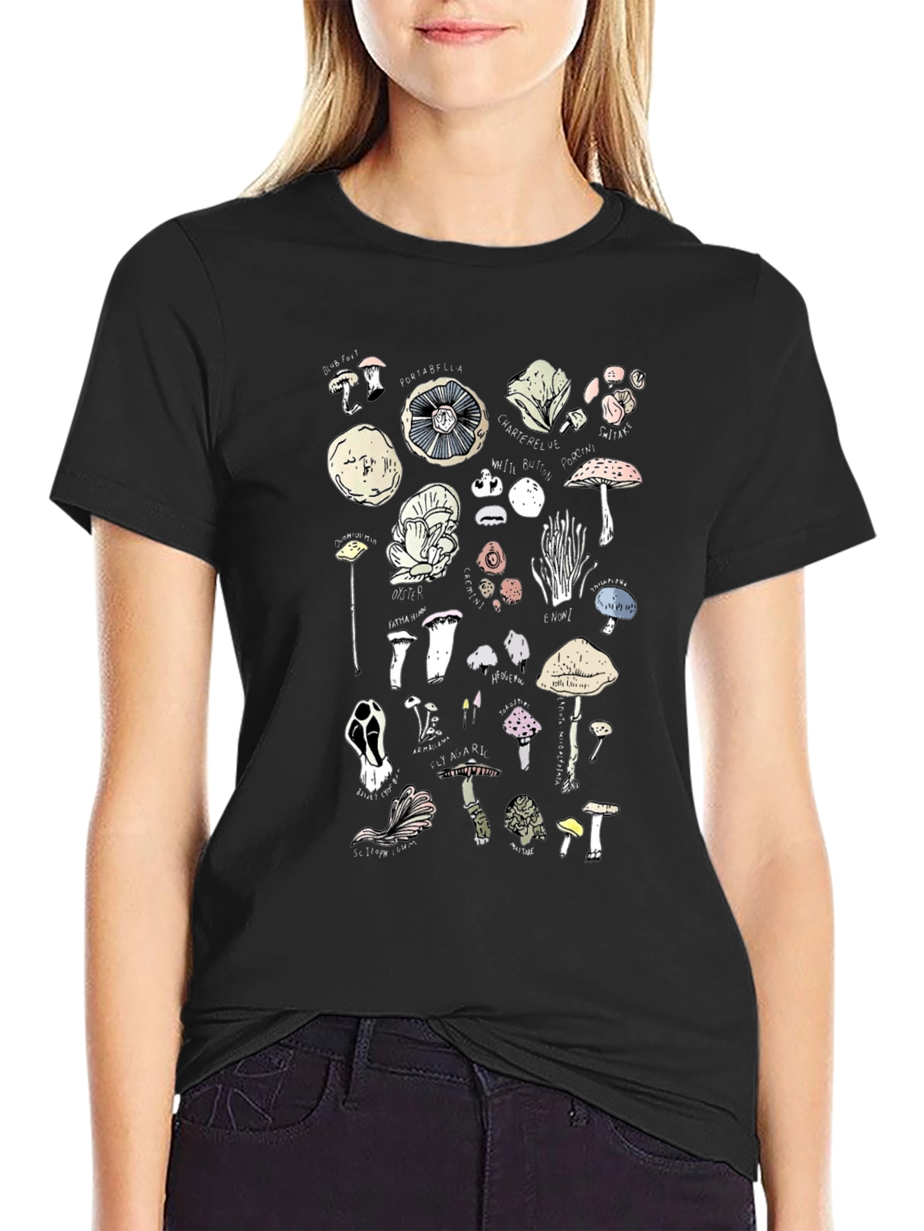 Mushroom Variety Graphic Print Black T-Shirt