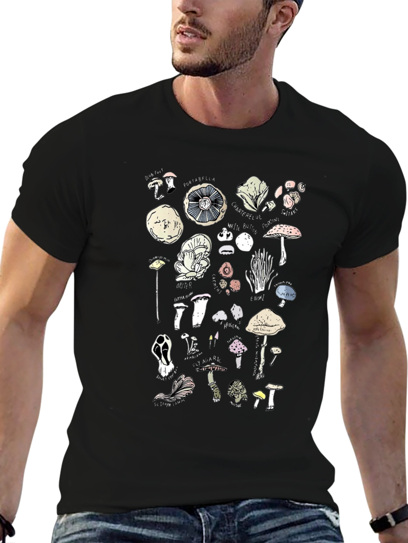 Mushroom Variety Graphic Print Black T-Shirt