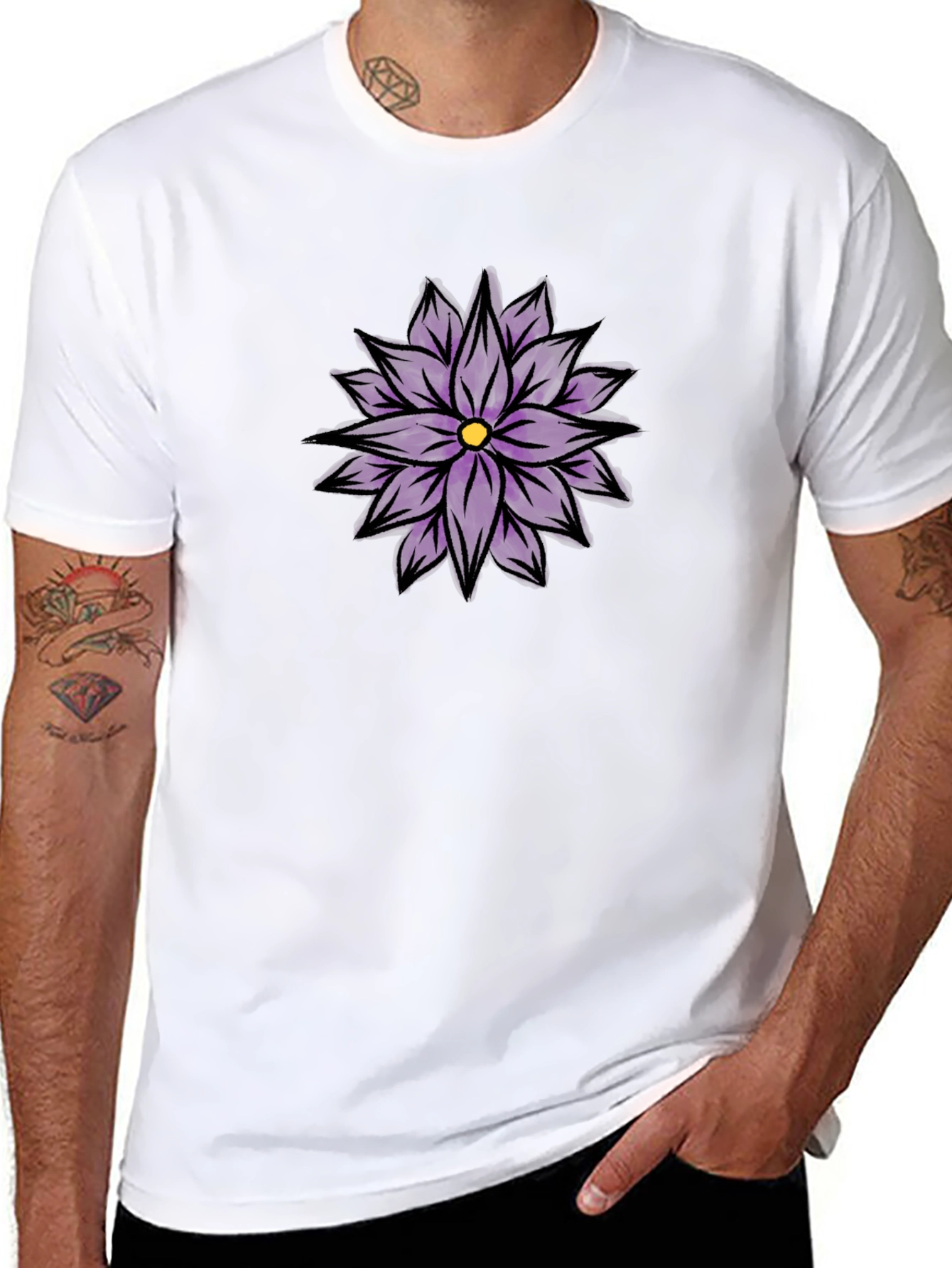 Black T-Shirt with Purple Flower Design