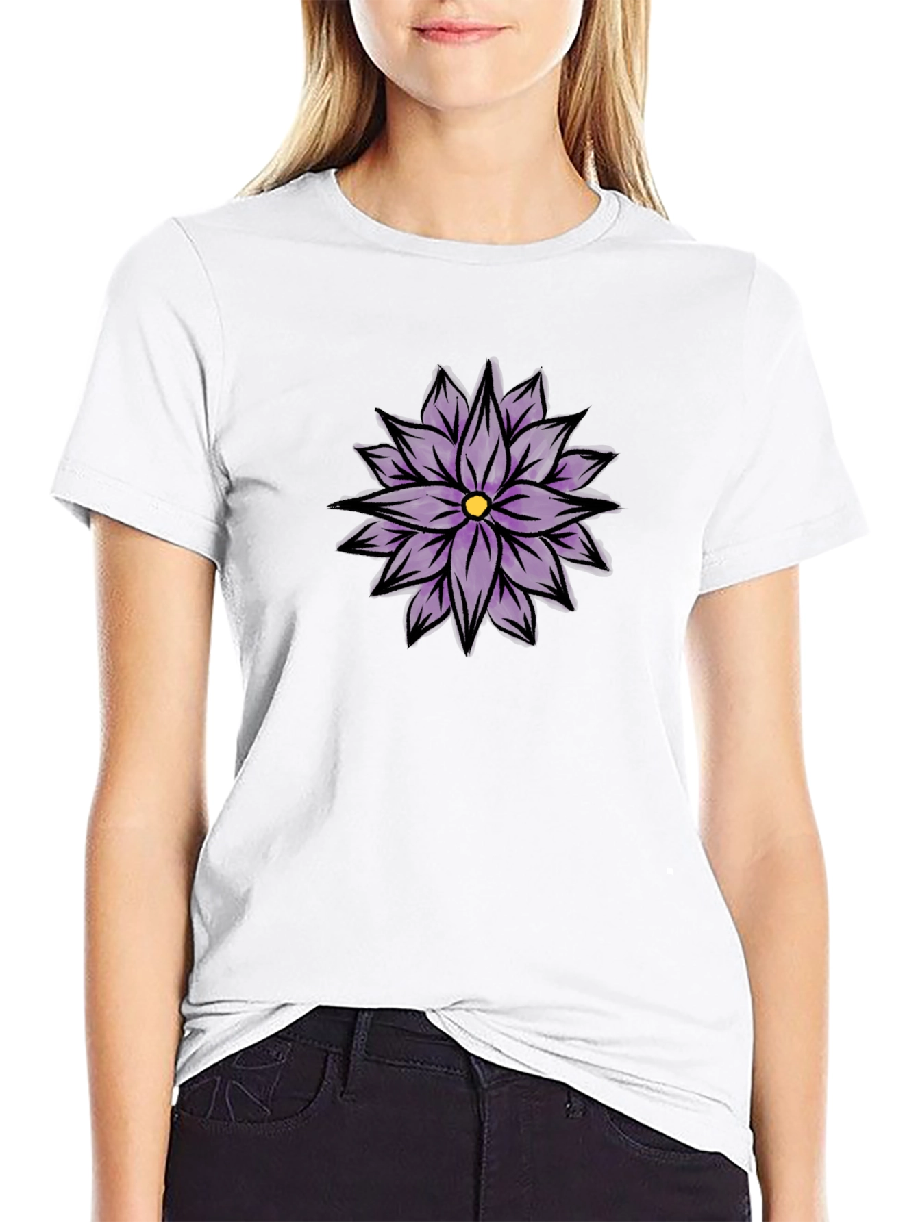Black T-Shirt with Purple Flower Design