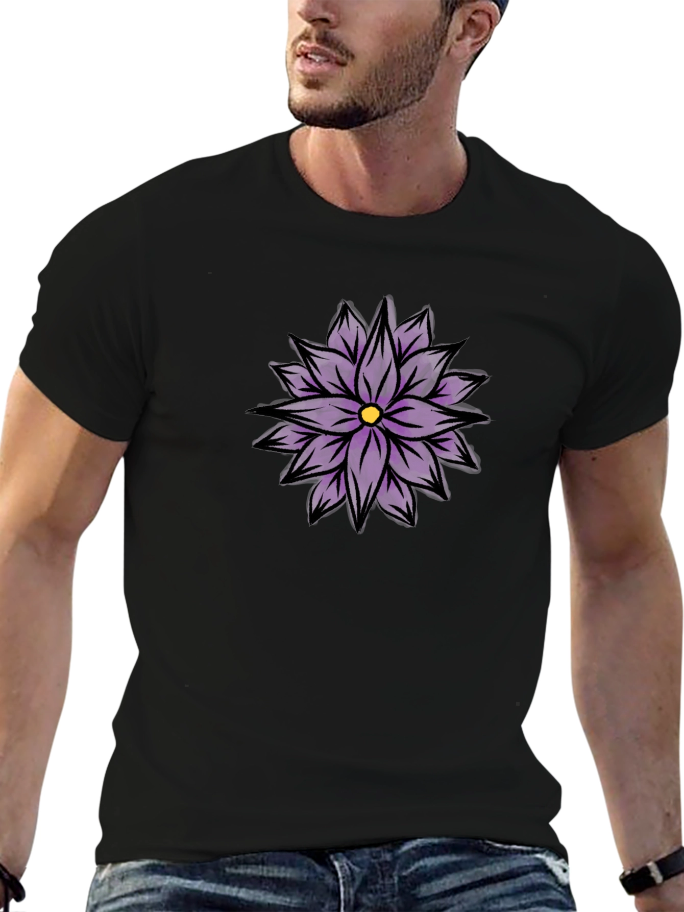 Black T-Shirt with Purple Flower Design
