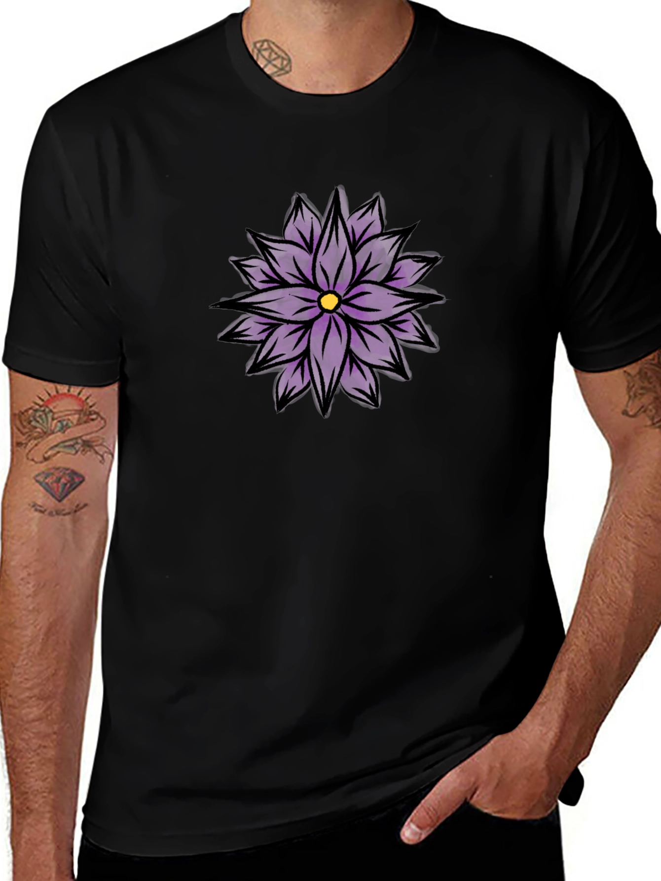 Black T-Shirt with Purple Flower Design