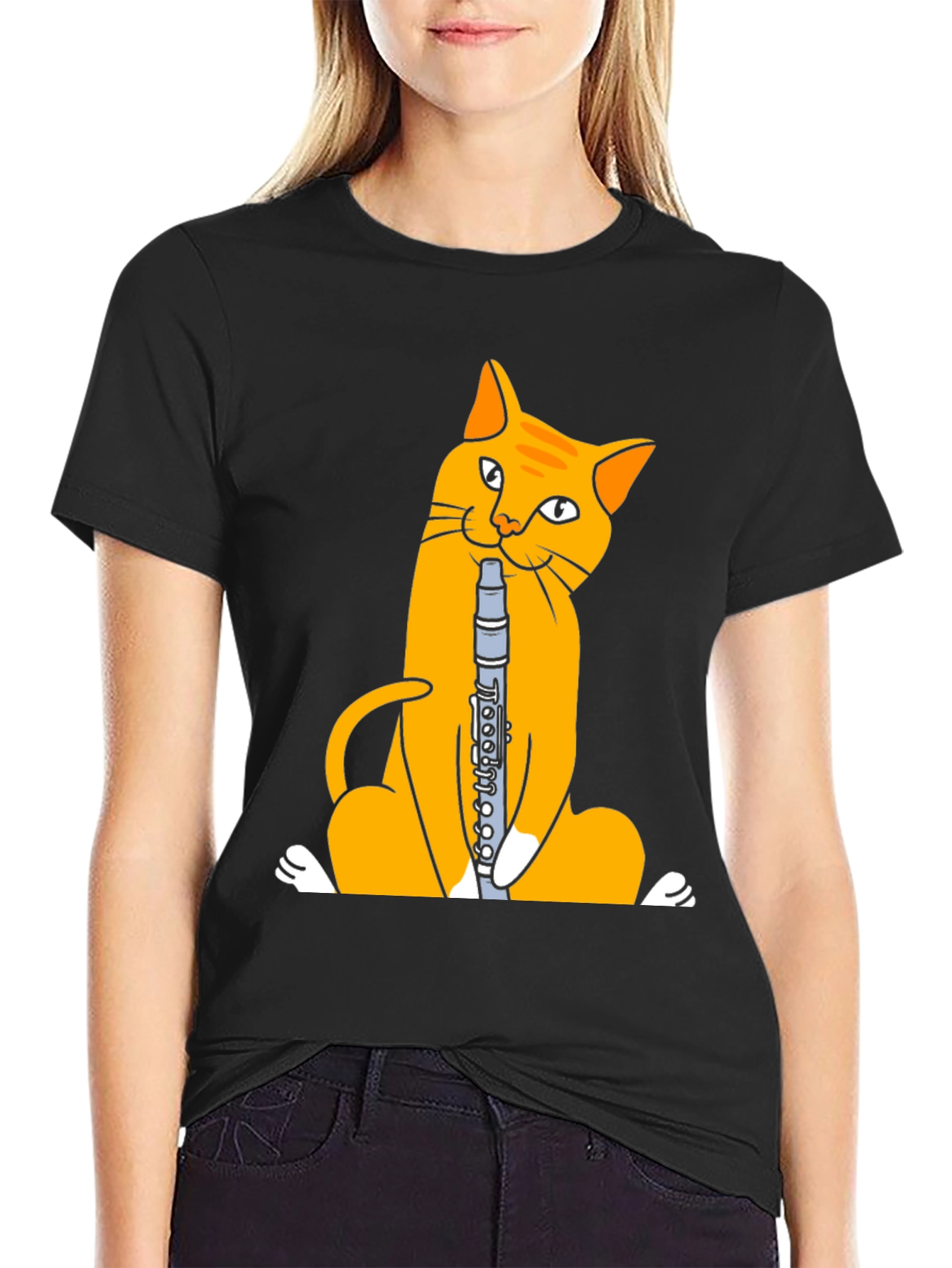 Cat Playing Clarinet T-Shirt - Black Cotton Tee