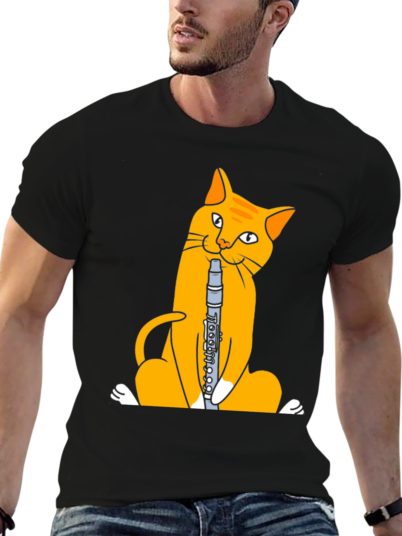 Cat Playing Clarinet T-Shirt - Black Cotton Tee