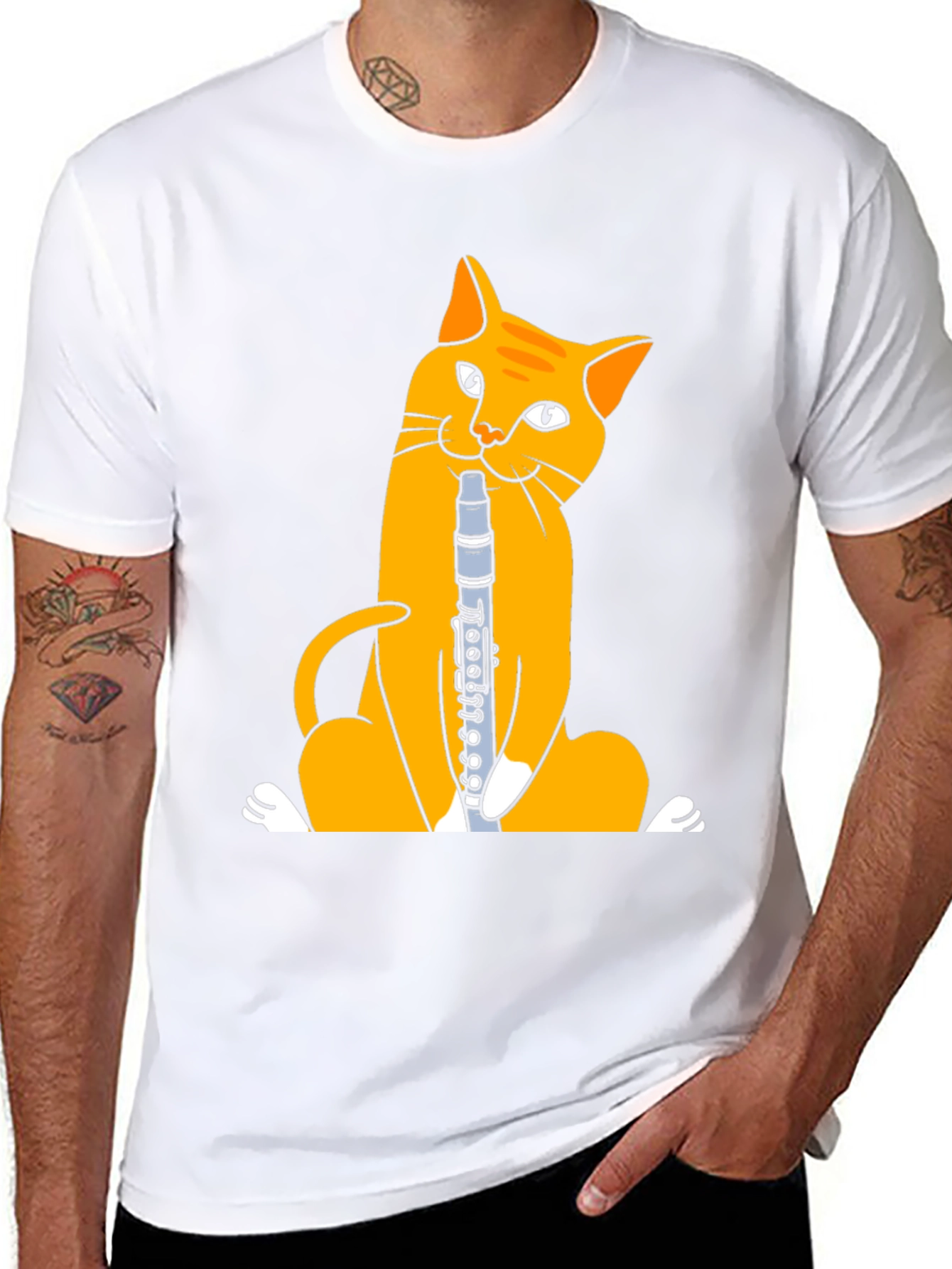 Cat Playing Clarinet T-Shirt - Black Cotton Tee