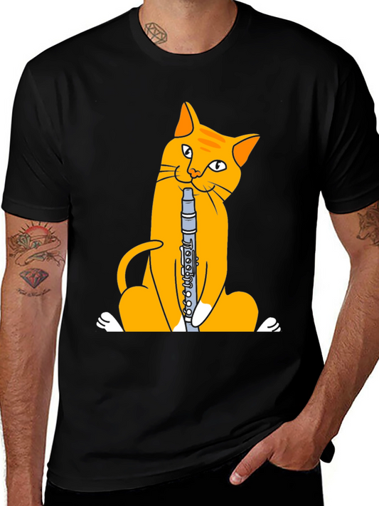 Cat Playing Clarinet T-Shirt - Black Cotton Tee