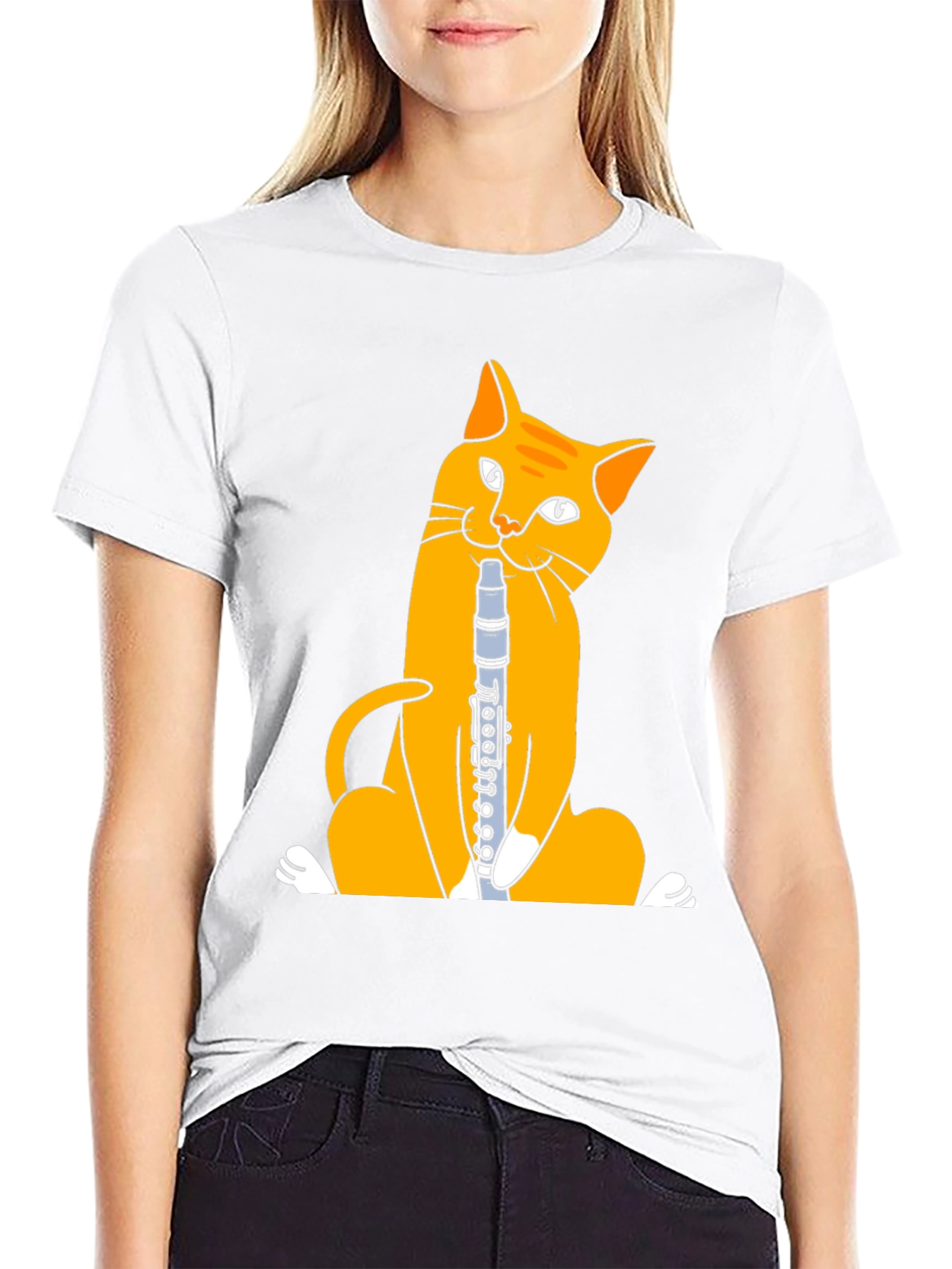 Cat Playing Clarinet T-Shirt - Black Cotton Tee