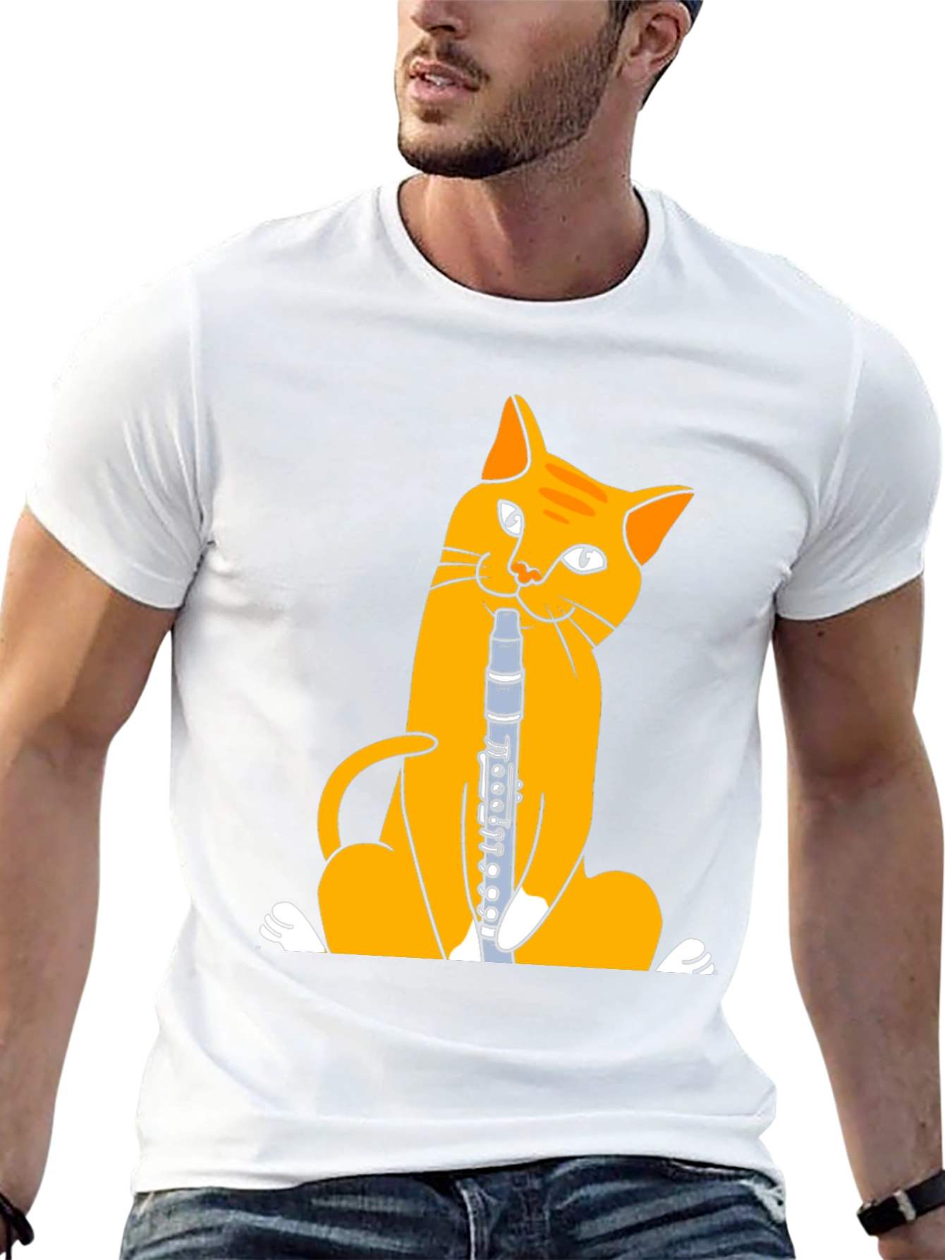 Cat Playing Clarinet T-Shirt - Black Cotton Tee
