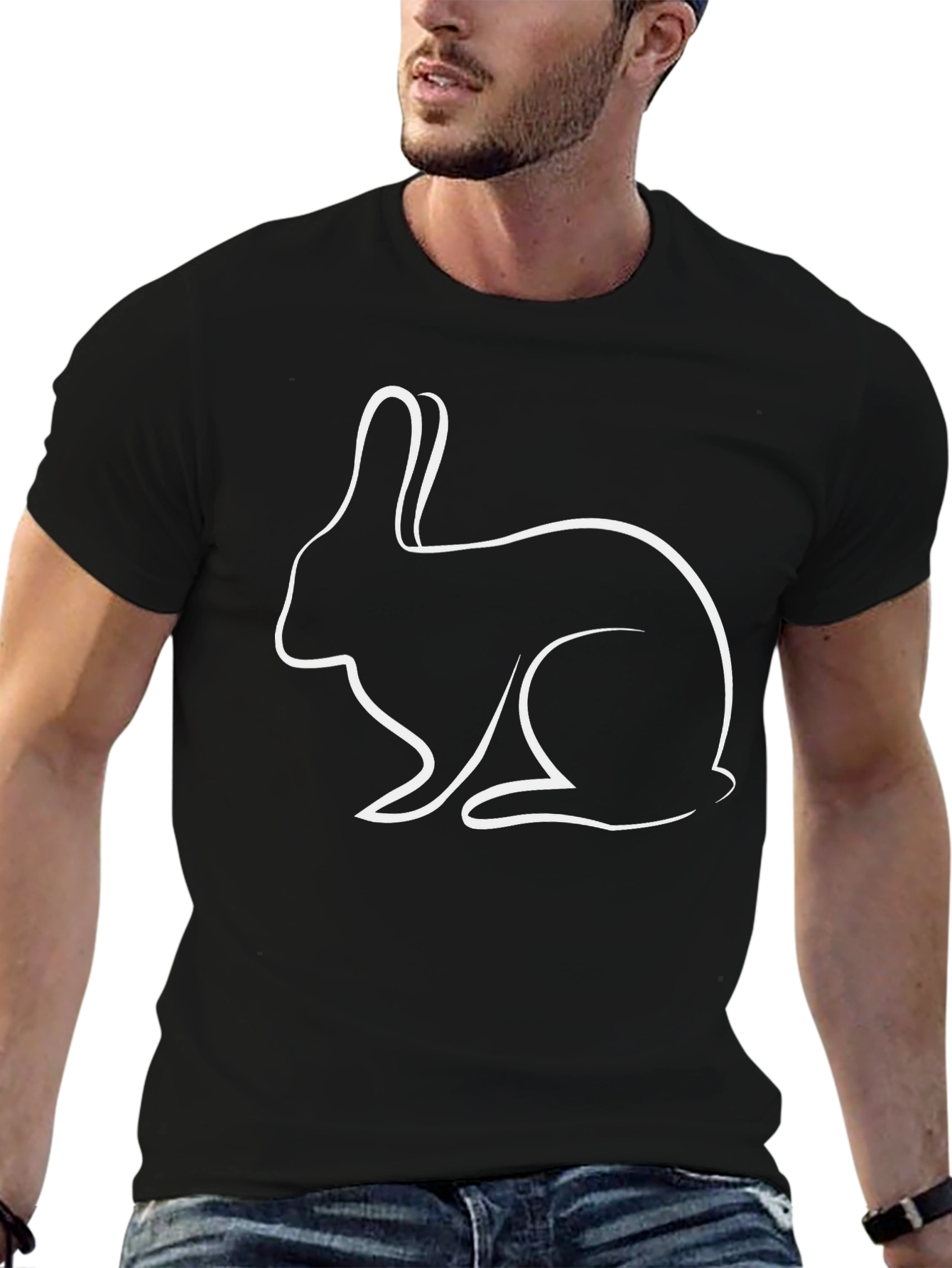 Rabbit Outline Black T-Shirt - Casual Graphic Tee