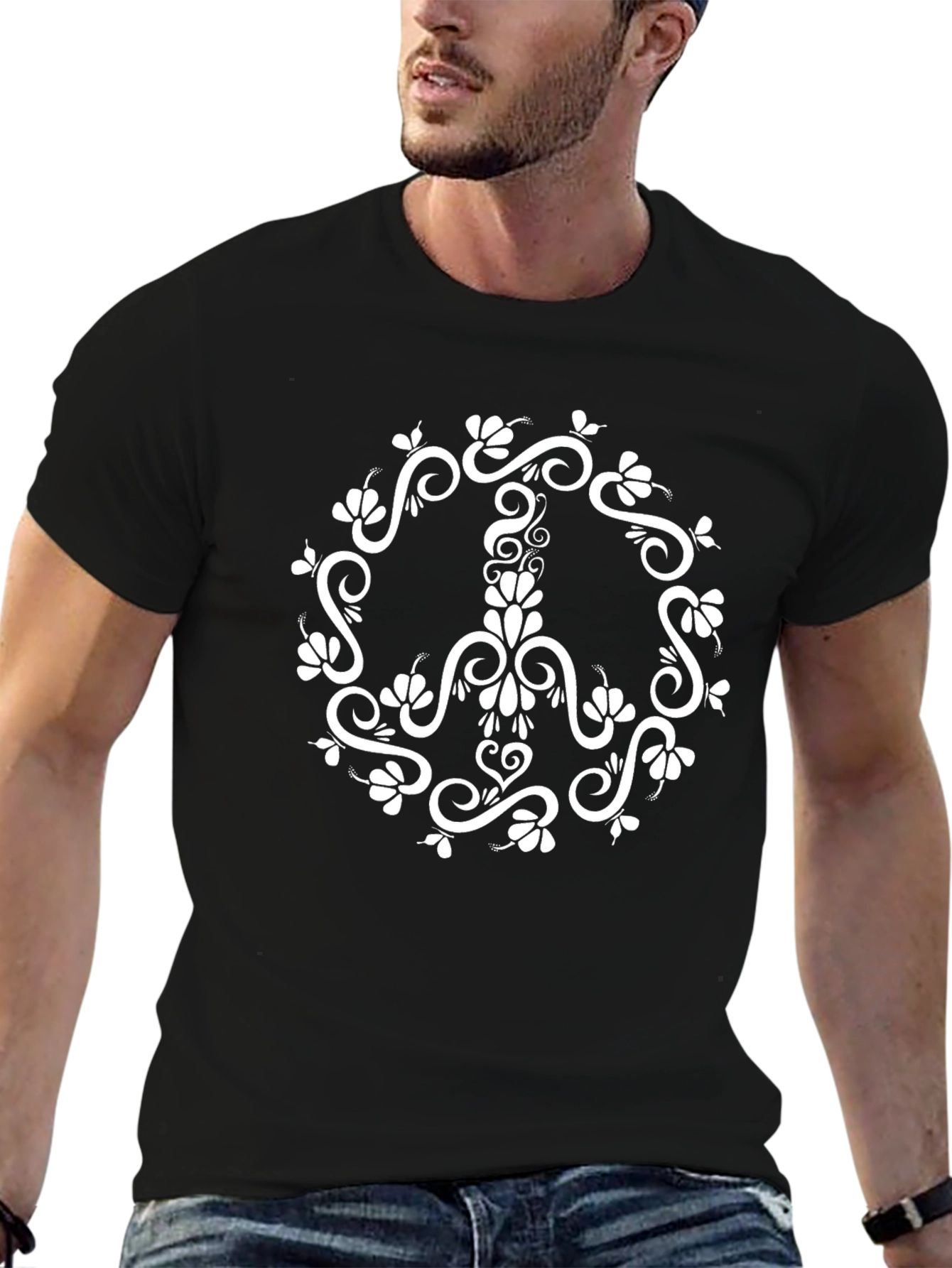 Floral Peace Sign Graphic T-Shirt - Black