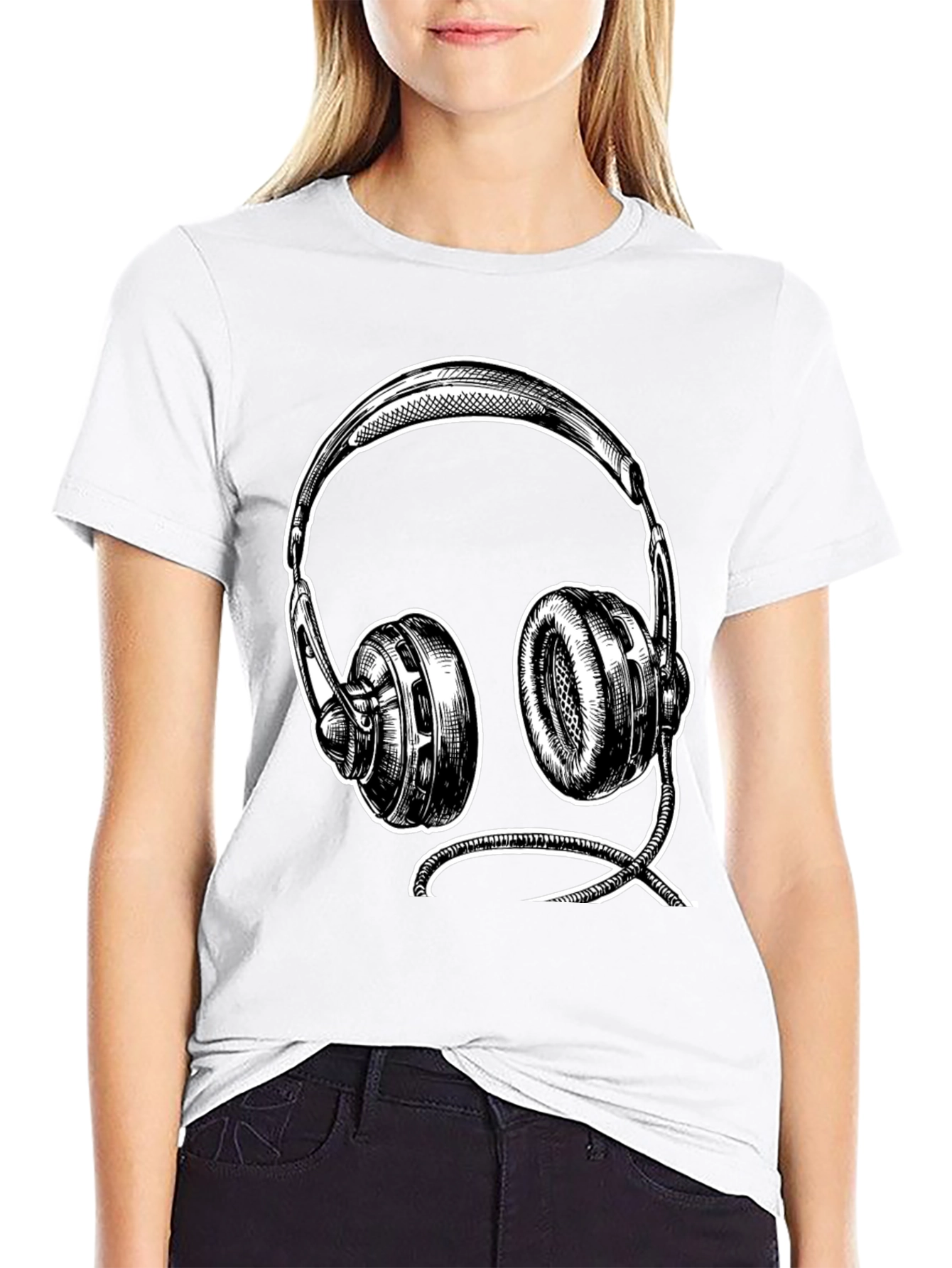 Black Graphic Tee - Headphone Sketch Design