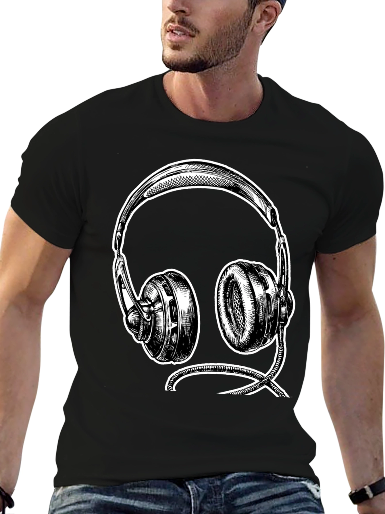 Black Graphic Tee - Headphone Sketch Design