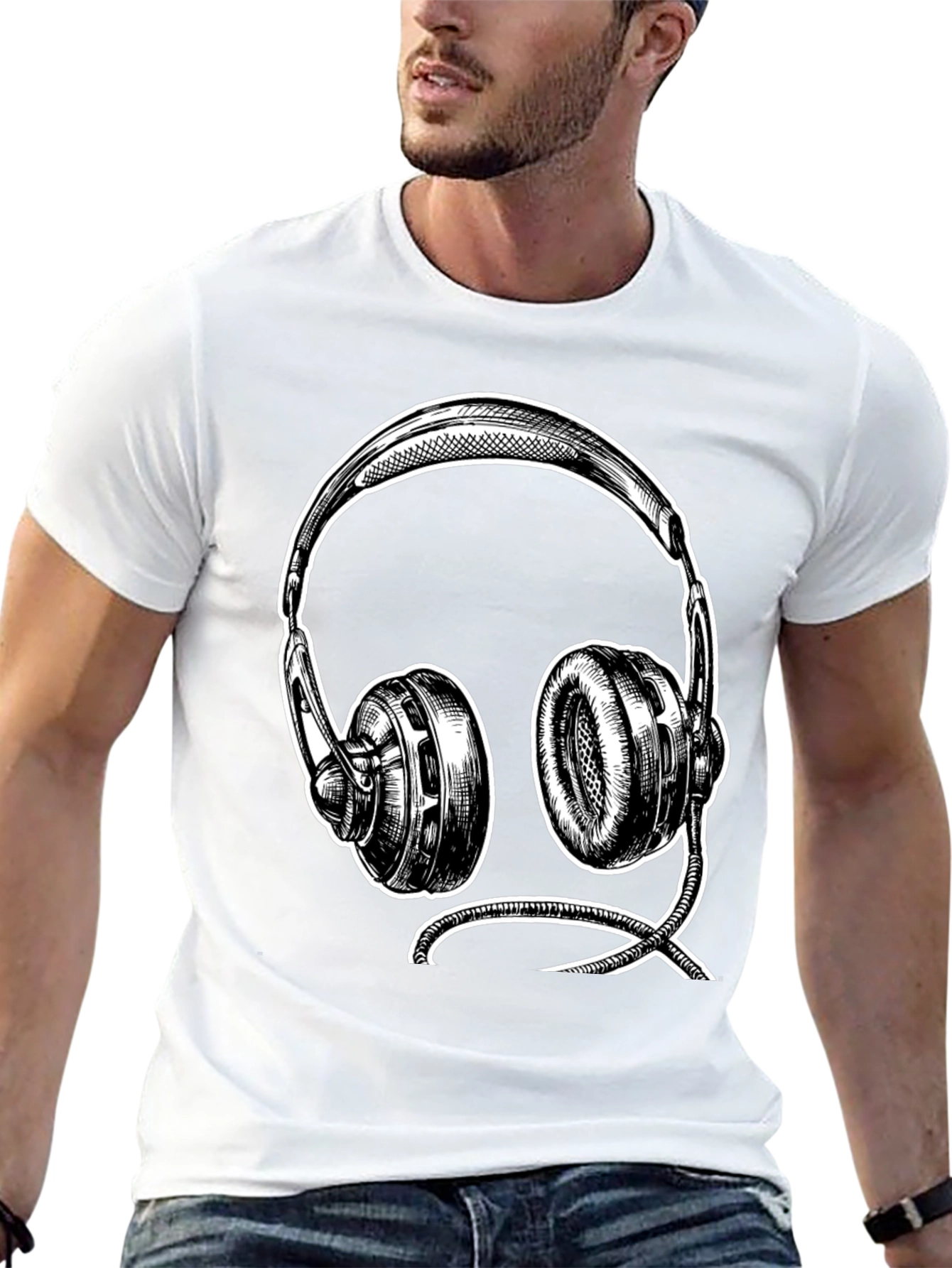 Black Graphic Tee - Headphone Sketch Design