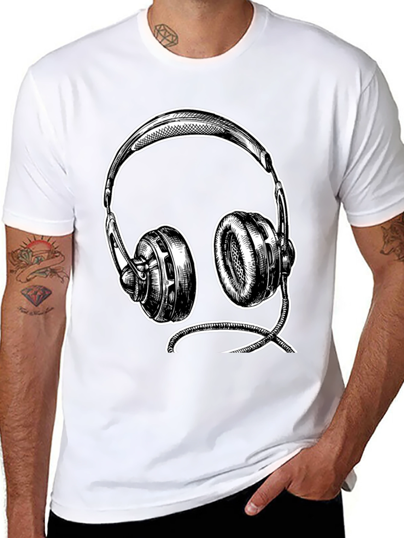 Black Graphic Tee - Headphone Sketch Design