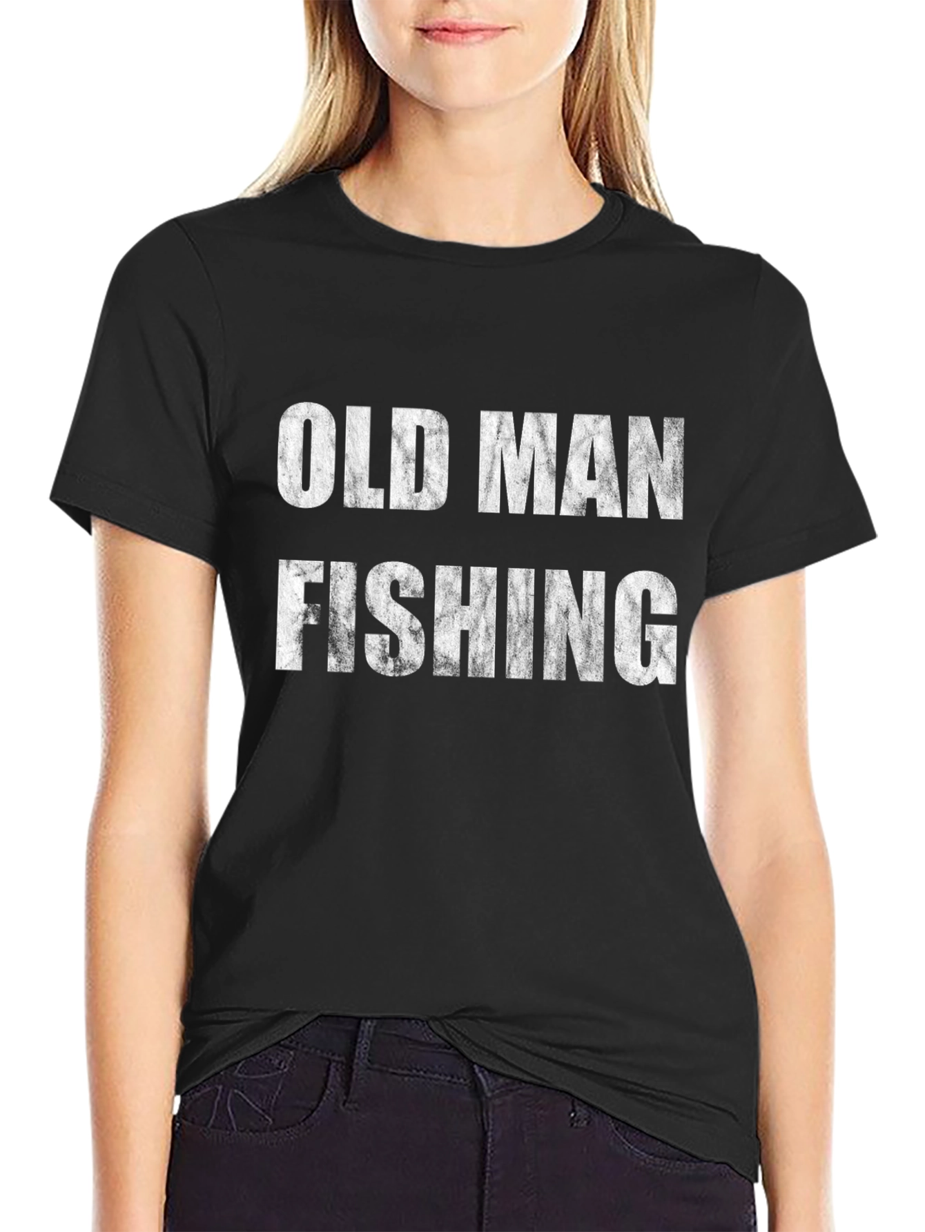 Old Man Fishing Black T-Shirt