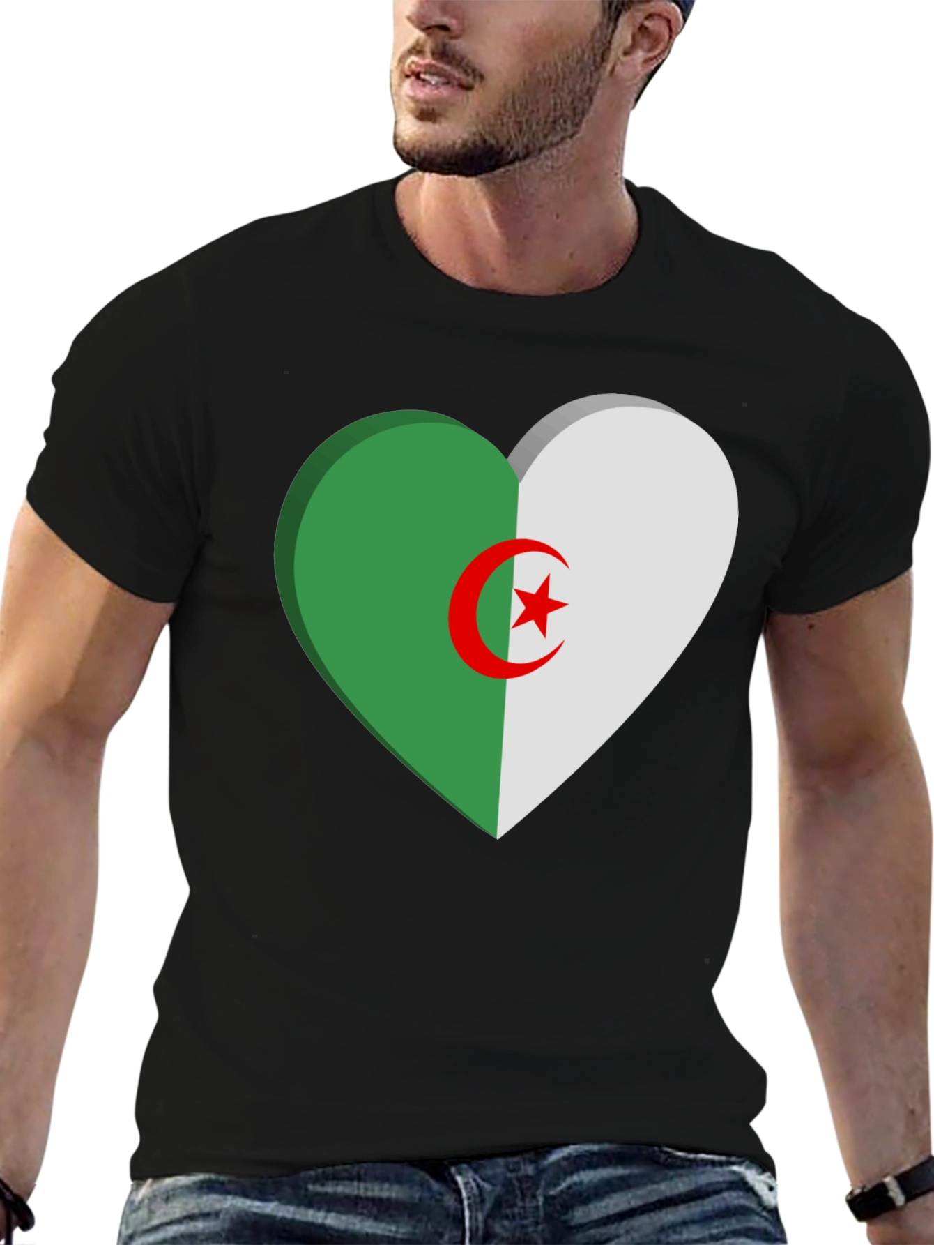 Algeria Flag Heart T-Shirt - Black