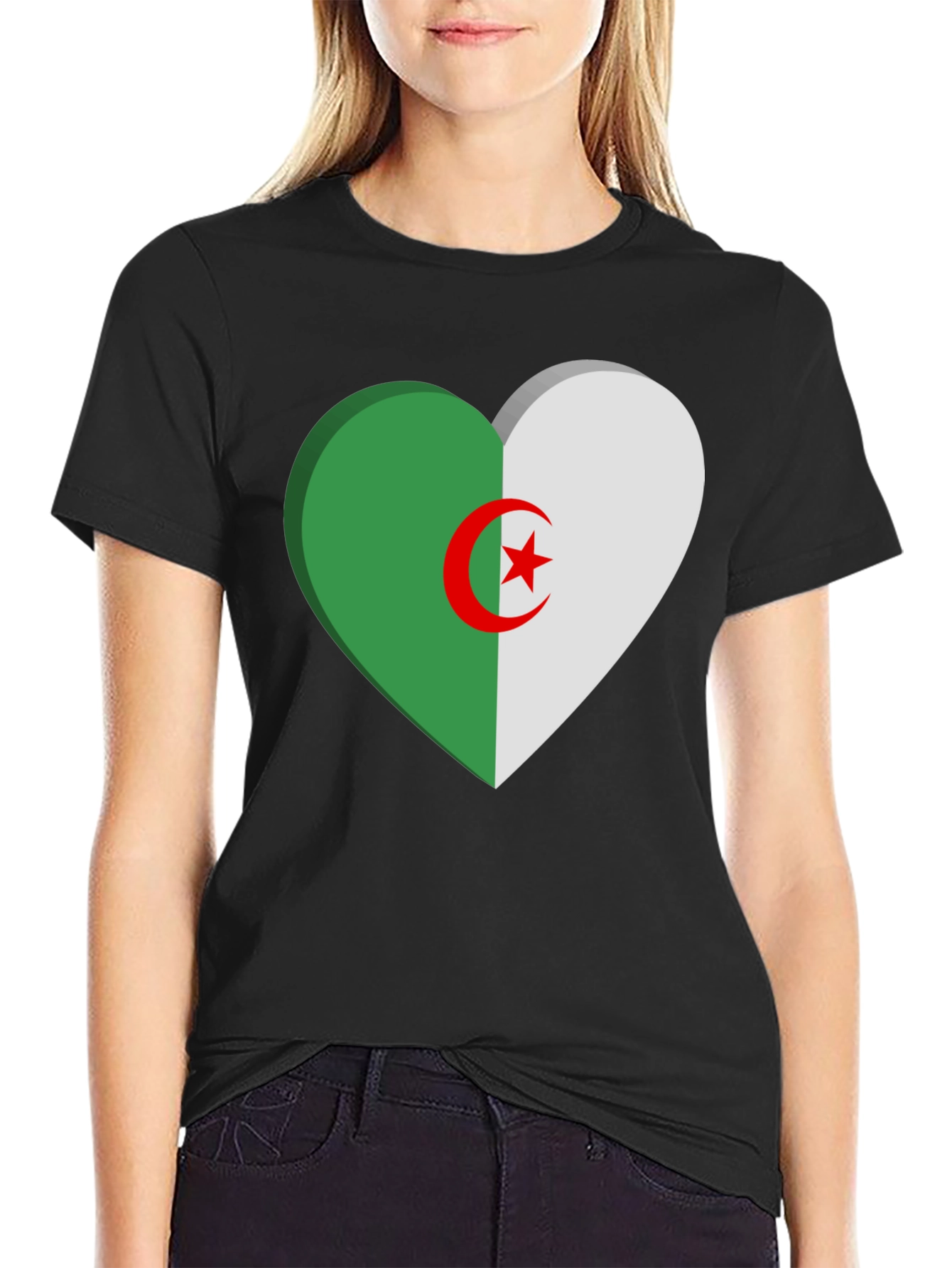 Algeria Flag Heart T-Shirt - Black